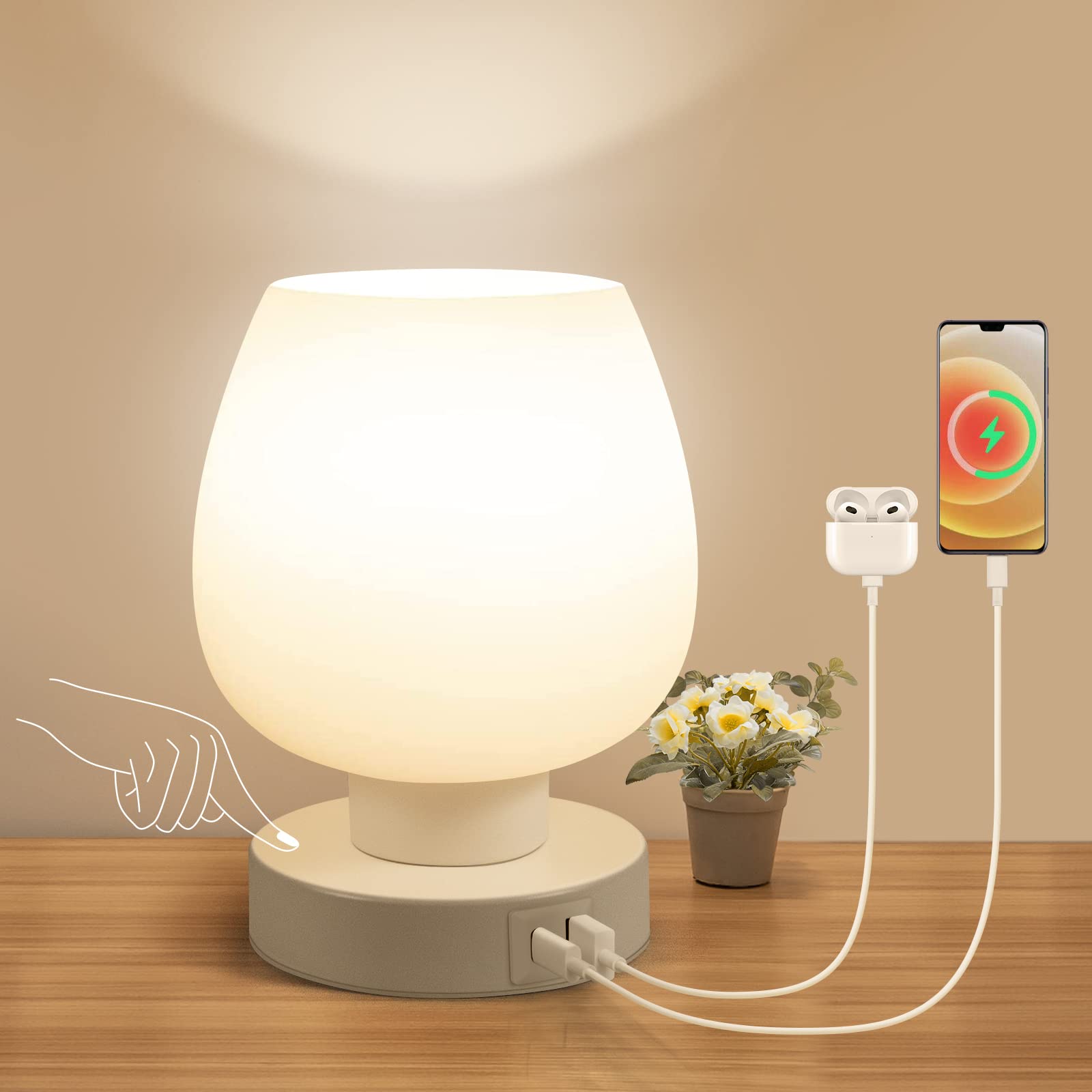 ONEWISH Touch Bedside Table Lamp, USB C+A Ports, 3-Way Dimmable, Glass Shade, Warm LED Bulb, Small, USB-white
