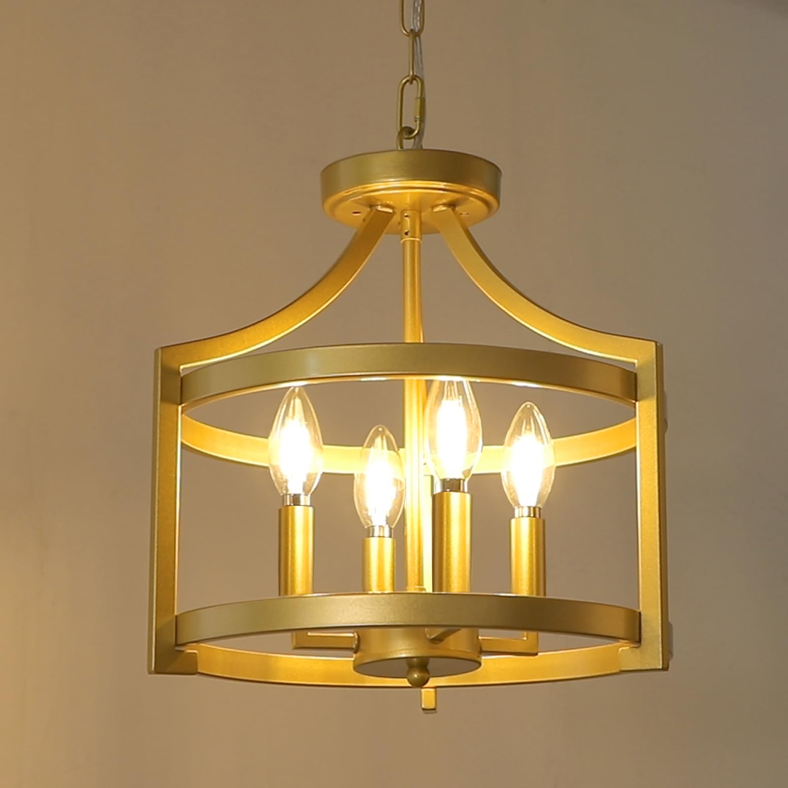 Wbindx 4-Light Gold Chandelier, Farmhouse Hanging Pendant Lighting, Convertible Semi Flush Mount Ceiling Light Fixture Industrial Small Cage Chandeliers For Dining Room Kitchen Foyer Entryway