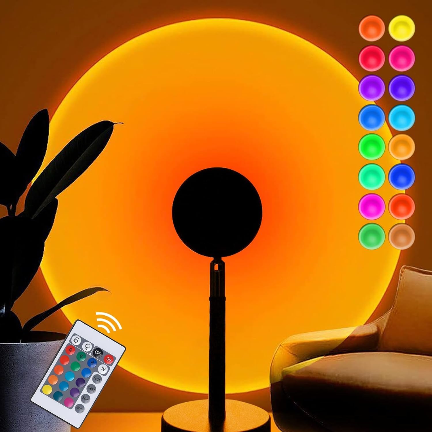 Balkwan 16 Color Remote Sunset Lamp, LED Night Light for Living Room & Bedroom Décor, Multicolor, Aluminum Material