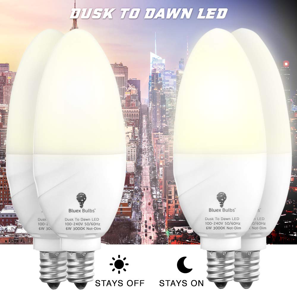 Bluex Bulbs 6 Pack Dusk to Dawn LED Candelabra Bulbs, 6W E12 Base, 3000K Warm White, Glass