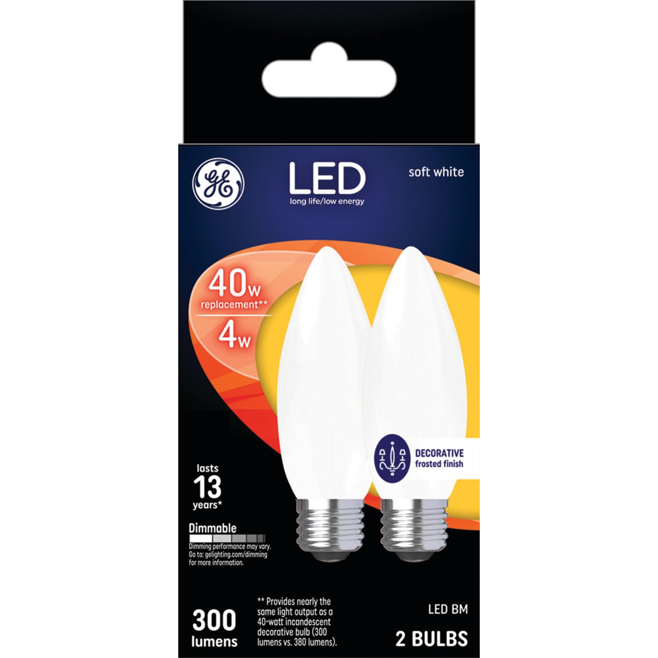 Ge Led Light Bulbs, 40 Watt, Soft White, Frosted Decorative Bulbs, Medium Base (2 Pack)