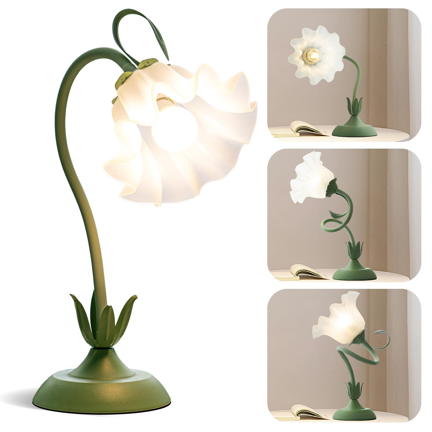 WERFOP Flower Table Lamp, LED Night Light, Vintage Desk Lamp, Medium Size, Metal, Green, Model WTL-R-M