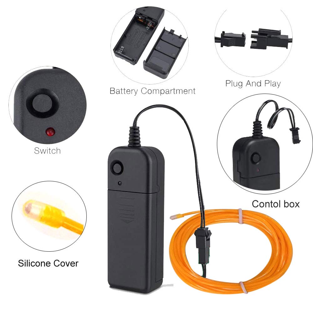 Maxlax El Wire Yellow, 32.8Ft/10M Portable Battery Pack Neon Lights Strip 360° Cuttable Glowing Rope Lights For Parties, Halloween, Diy Decoration