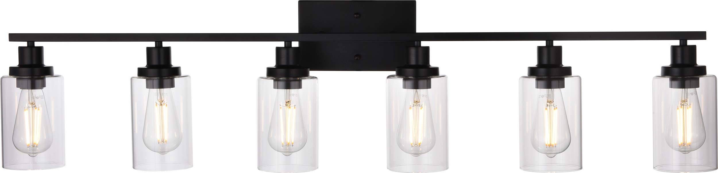 MELUCEE Black Vanity Light Fixture 6-Light Industrial Metal Wall Sconce Bathroom Lighting for Bedroom Hallway Kitchen, Clear Gla