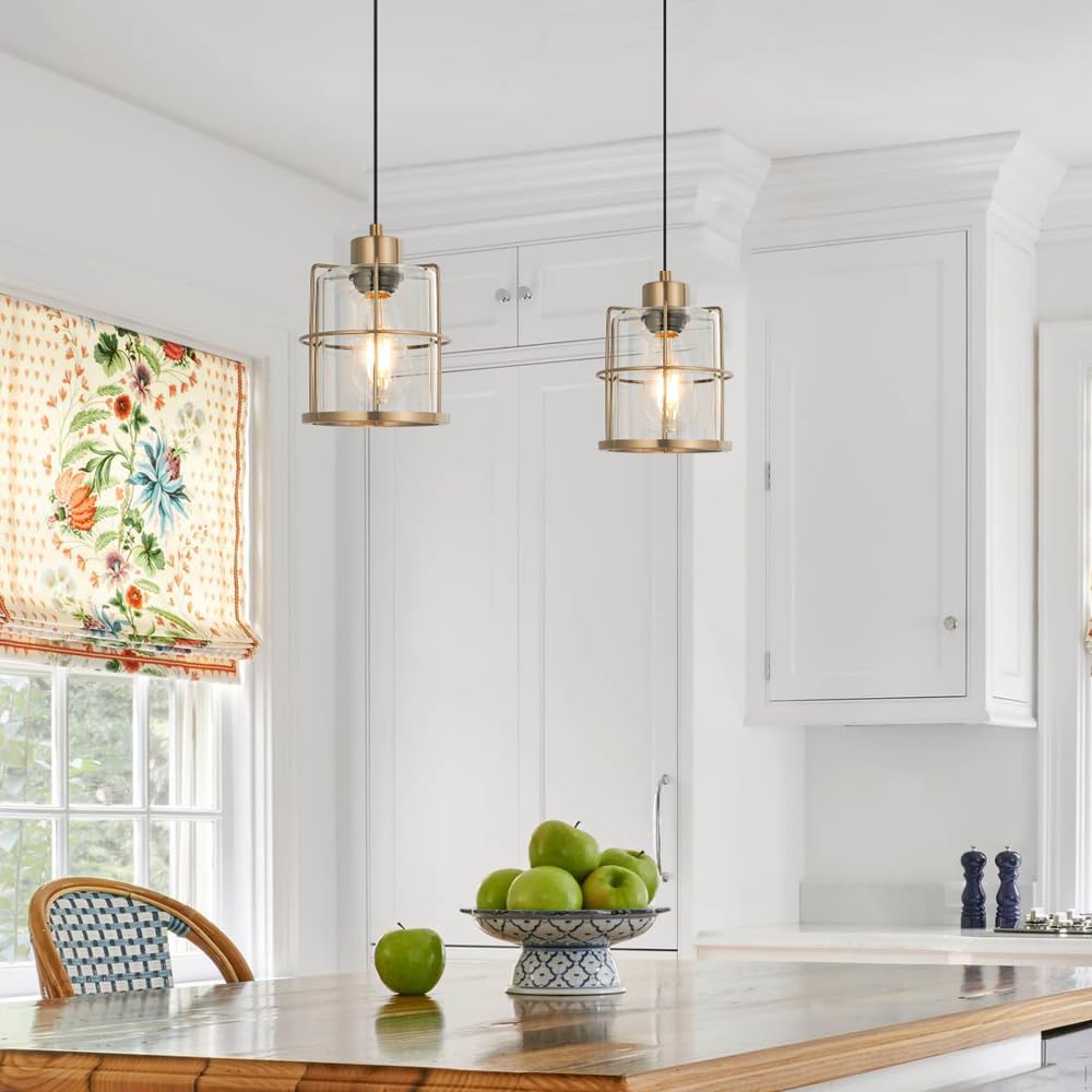 Modern Gold Clear Glass Cylinder Farmhouse Pendant Light Fixture, Kitchen Island Brass Light Fixture, Pendant Medium Hanging Lig