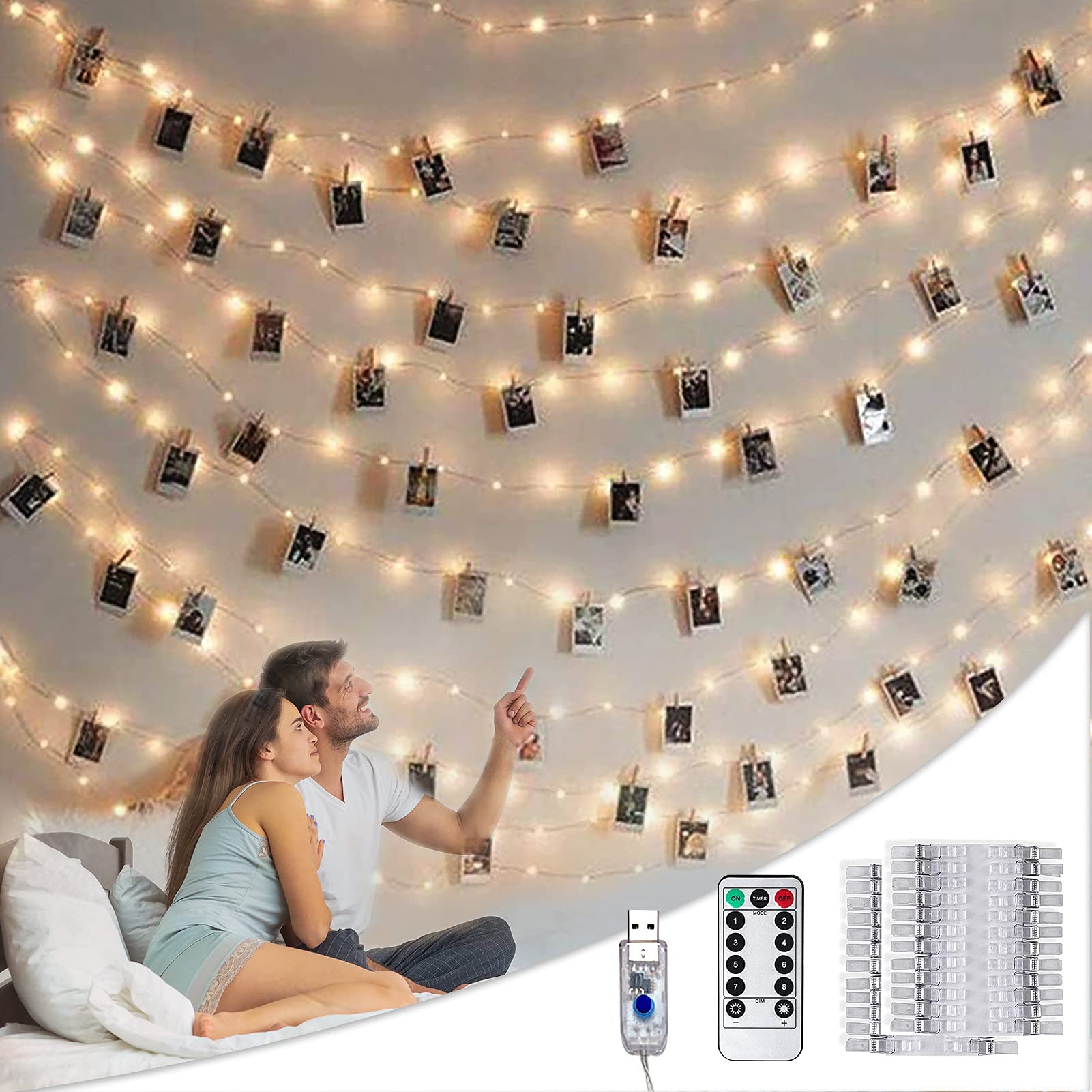 BRYUBR Photo Clip String Lights with Remote, 33FT 100 LED USB Powered Fairy Lights Picture Clips, 8 Modes with 50 Clear Clips fo