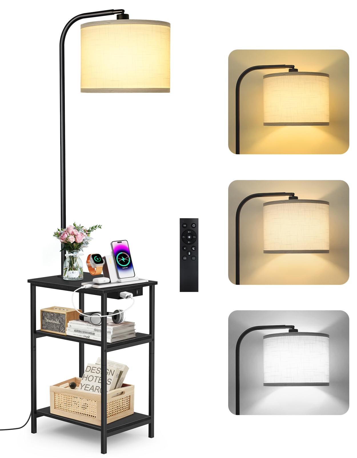 OUTONLIFE Floor Lamp with Table & Remote, Side End Table with Charging Station, Dimmable Nightstand with 3 Color Temperatures, 1