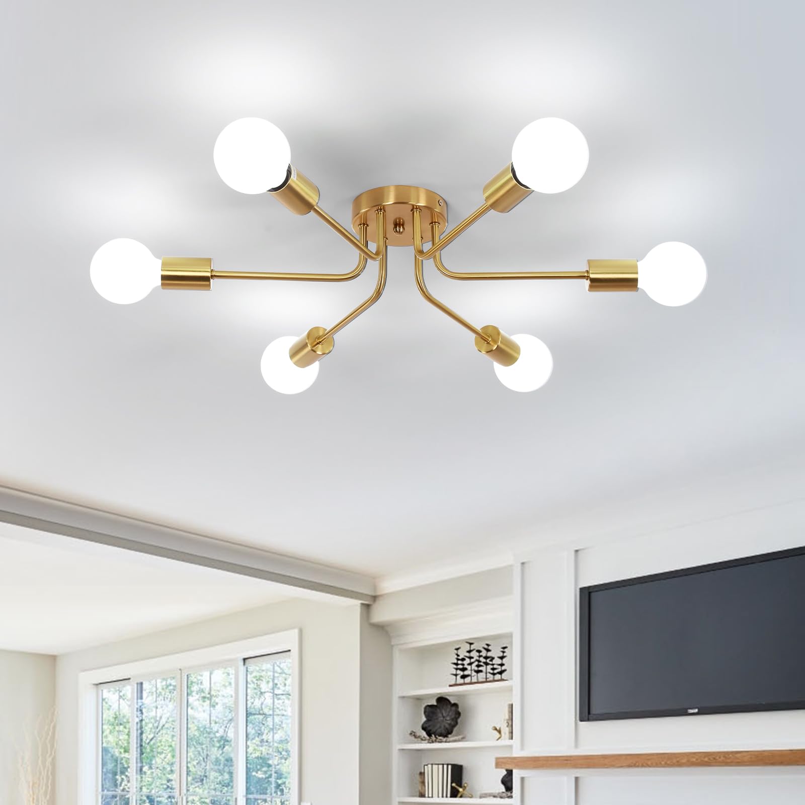 Delipop Sputnik Light Fixture, Mid Century Industrial Ceiling Light Fixture, 6-Light Gold Sputnik Chandelier For Dining Room Kit
