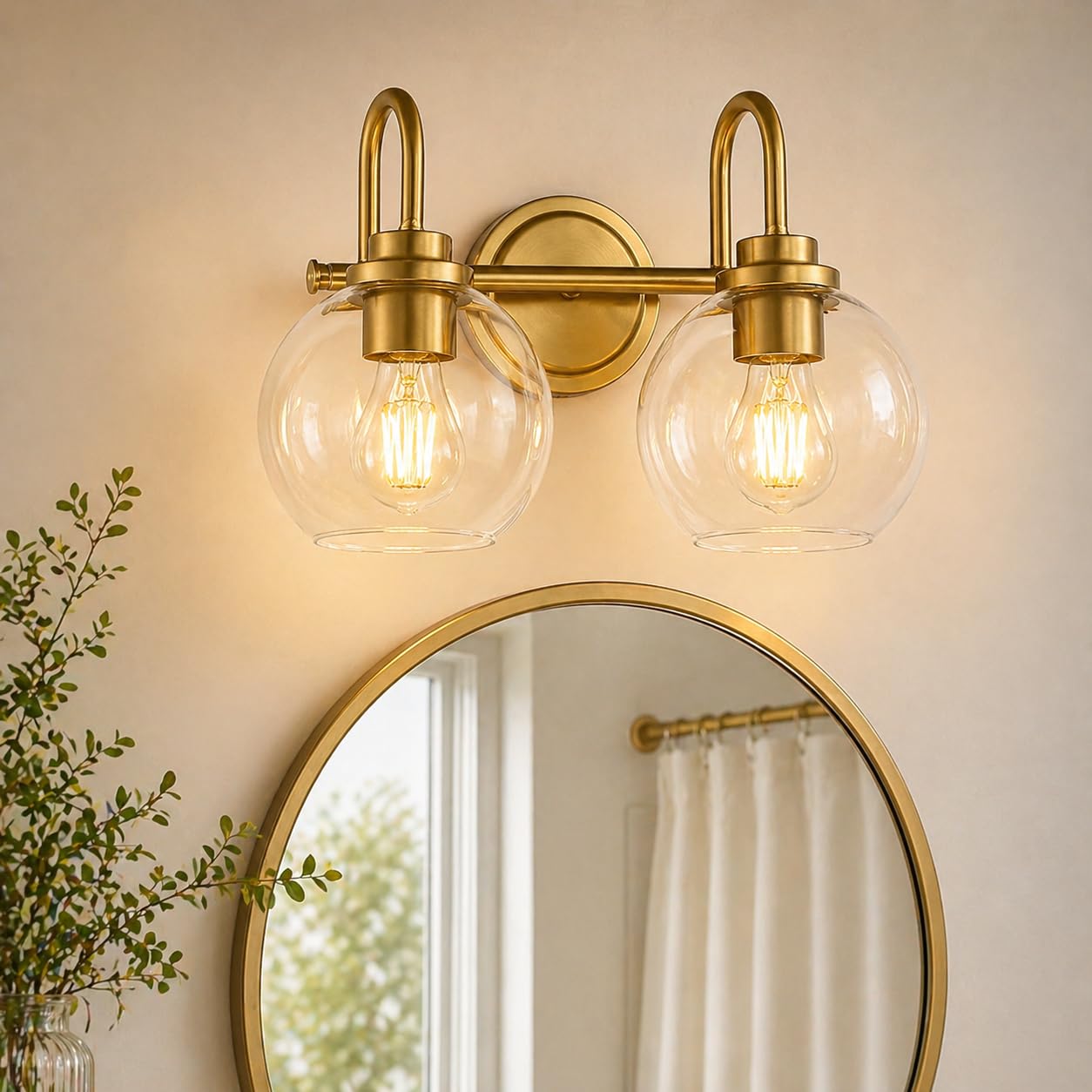OUVR Gold Vanity Light - 2 Light Bathroom Fixture with Clear Glass Shades, Modern Wall Sconce for Mirror, Vanity Lighting for Ba