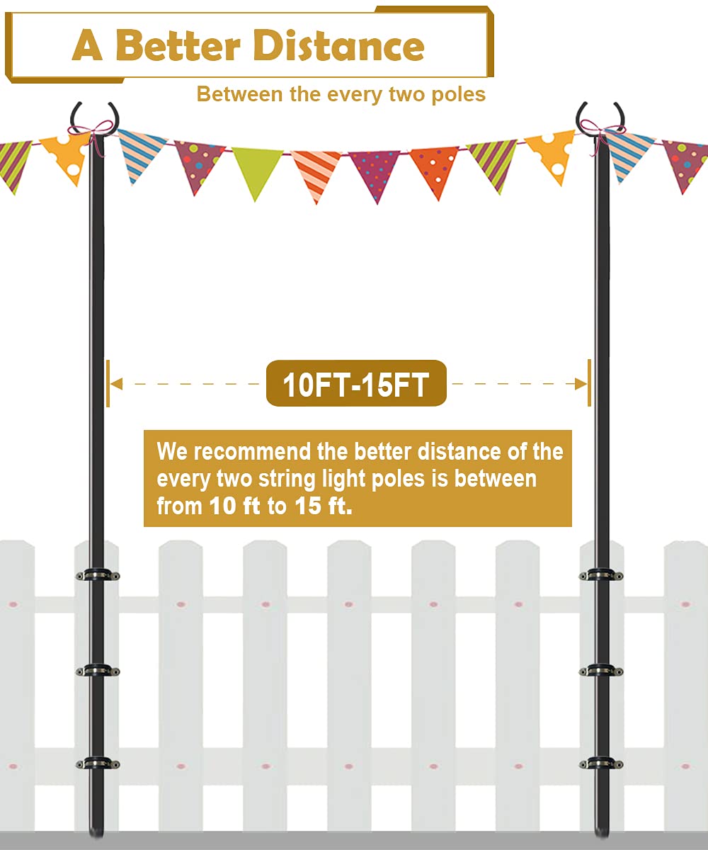 Derkniel 10 Ft Outdoor String Light Pole Stand For Deck Fence Or Patio Railing, Adjustable Globe Patio Light Post For Hanging Outside Decorate Lighting, 2 Packs