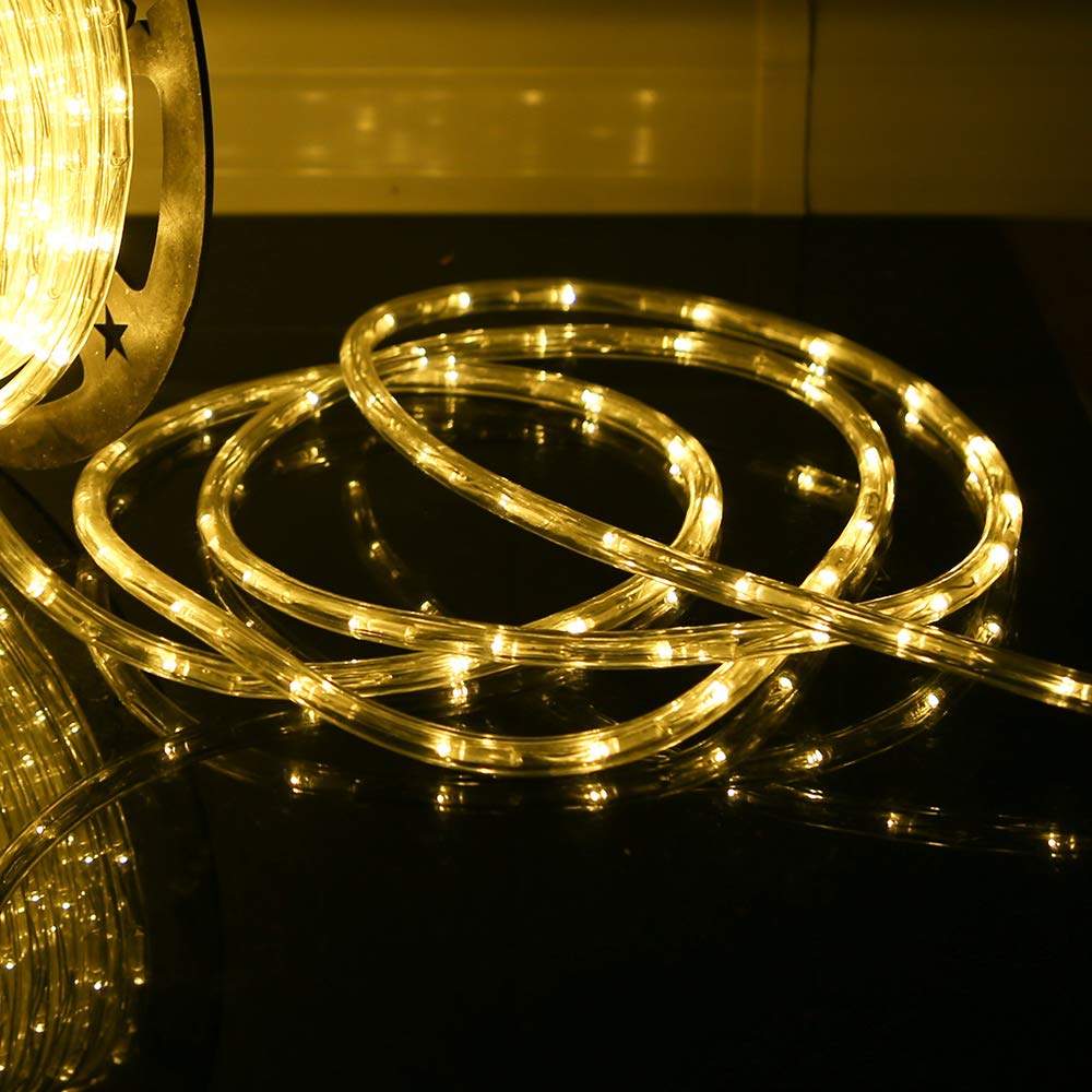 DINGFU 50ft LED Waterproof Rope Lights, Warm White, PVC Tube & Copper Wire, Indoor/Outdoor Use, Connectable for Deck, Patio, and Christmas Decor