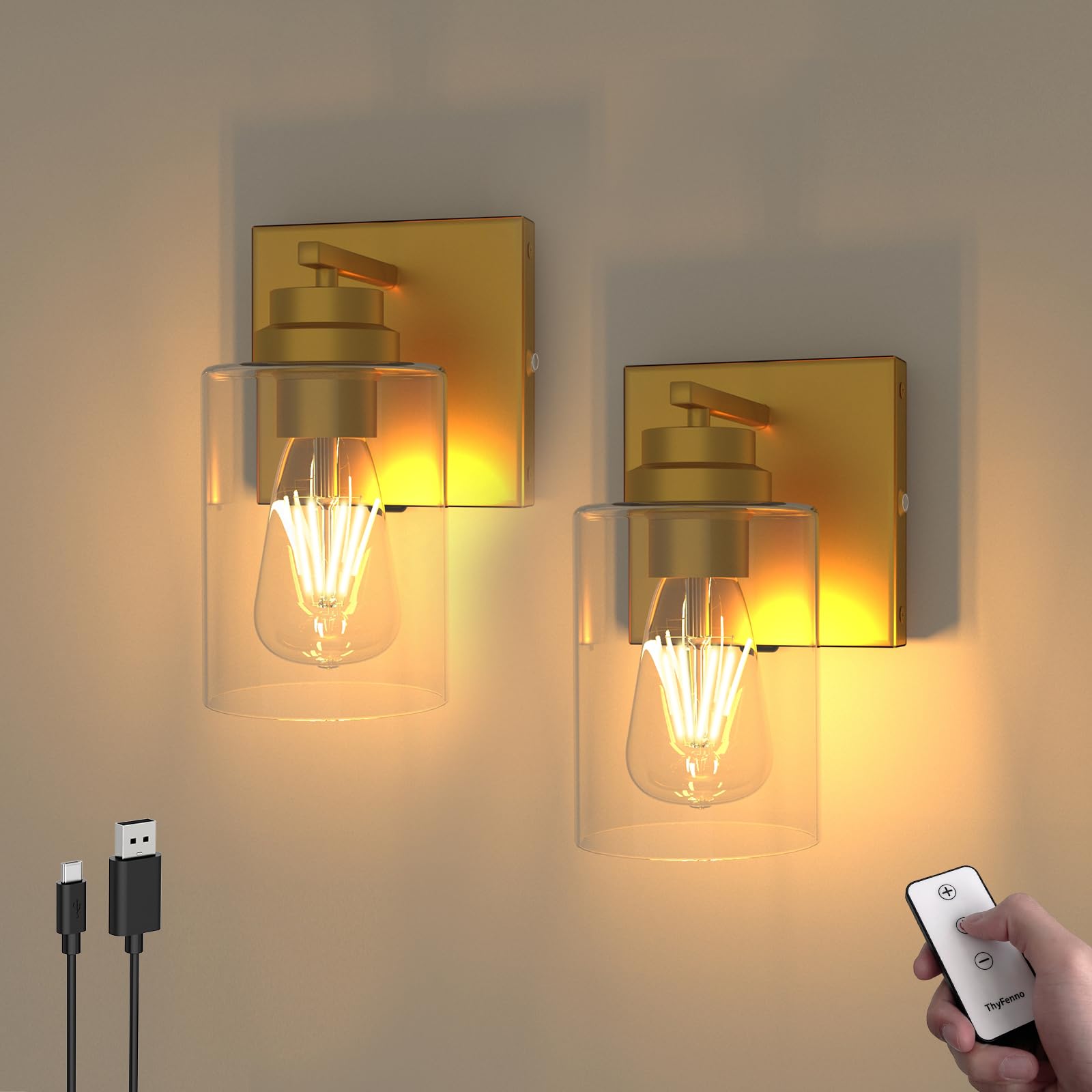 ThyFenno Battery Operated Wall Sconce Set of 2, Dimmable, Remote Control, Brass, Metal, Model TF-1T T2L