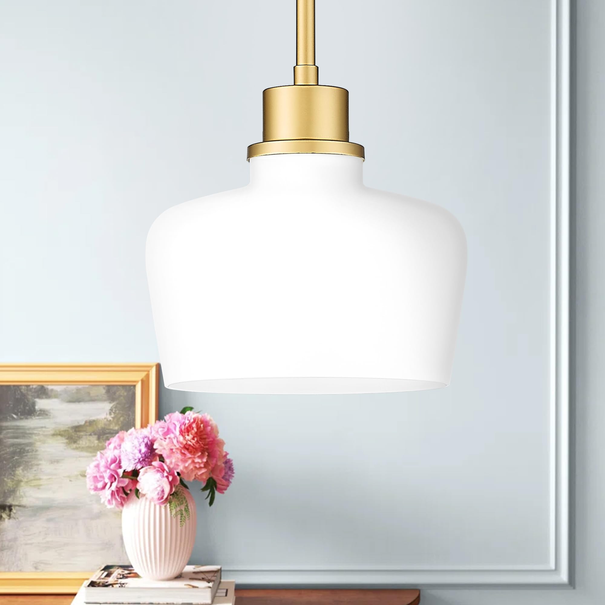 Emak Pendant Light - 8 Inch Brushed Nickel with Milk Glass Shade, Modern Hanging Light for Kitchen Island, Dining Room, PL122-BN-ML