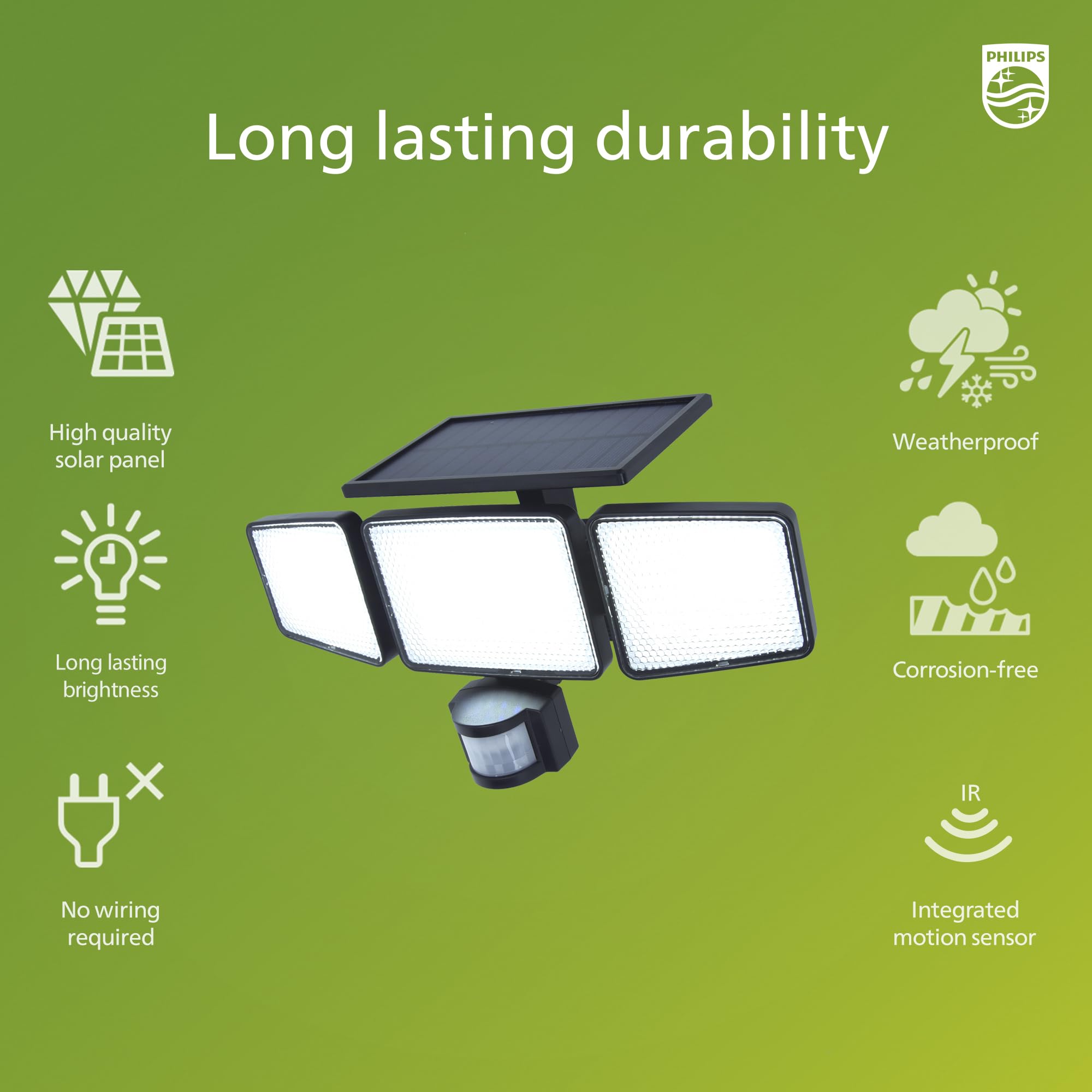 Philips Solar Security Light Outdoor Light 302 Led 1200Lm,Solar-Powered Waterproof Wall-Mounted Flood Light W/Pir Motion Sensor,