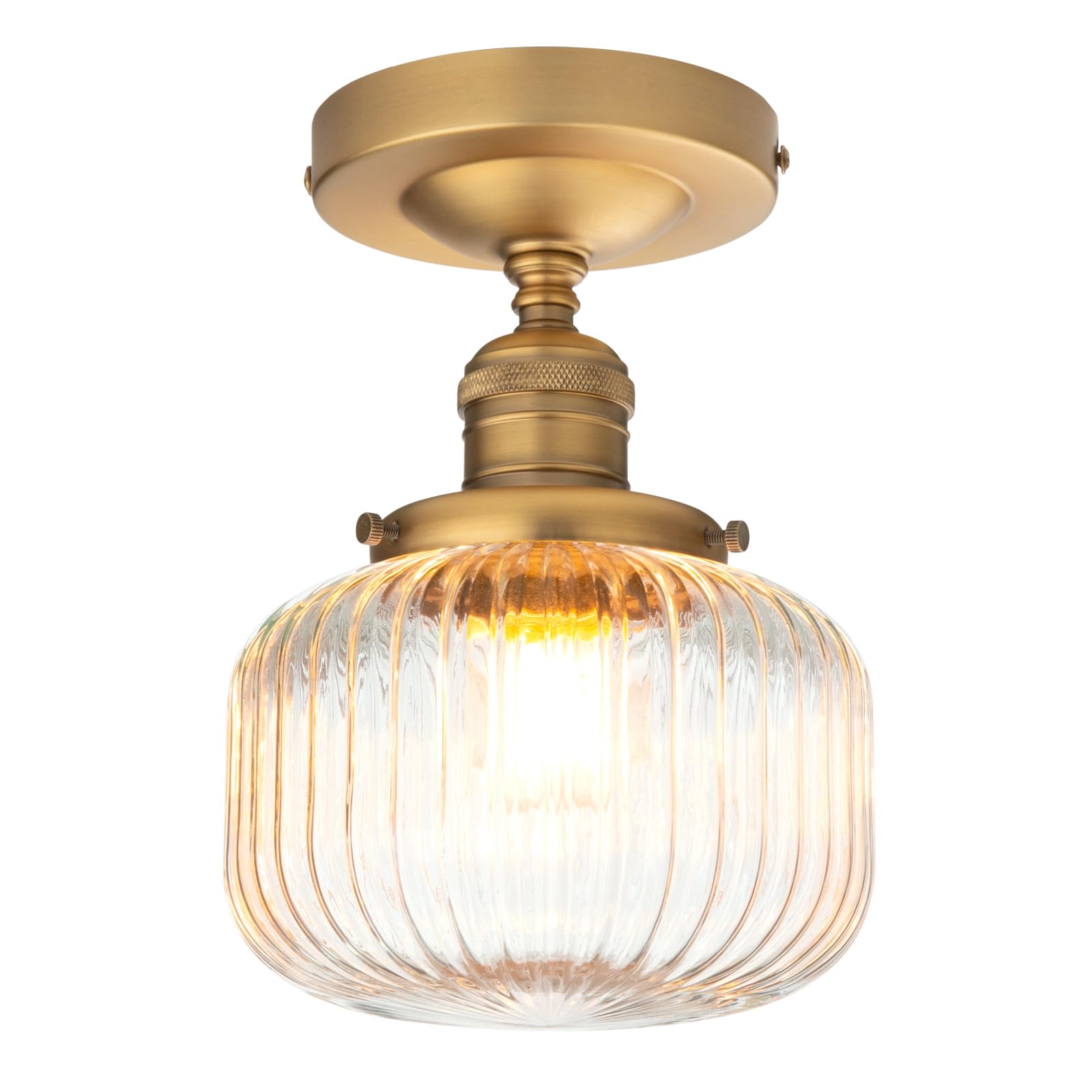 PERMO Modern Small Semi Flush Mount Ceiling Light Glass Ceiling Lights Hallway Fixtures with Flate Ribbed Glass Lampshade, 1-Lig
