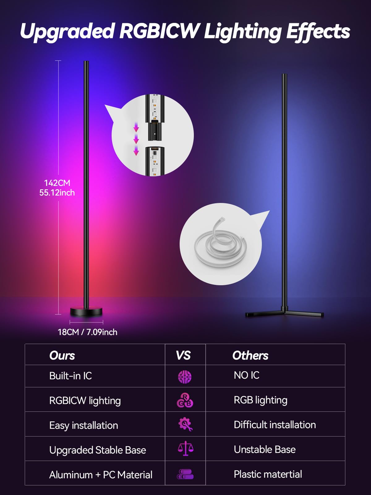 BrilliLux LED Corner Floor Lamp, RGBICW 16M Colors, Music Sync, Remote Control, Black, Model LZ-1201000B