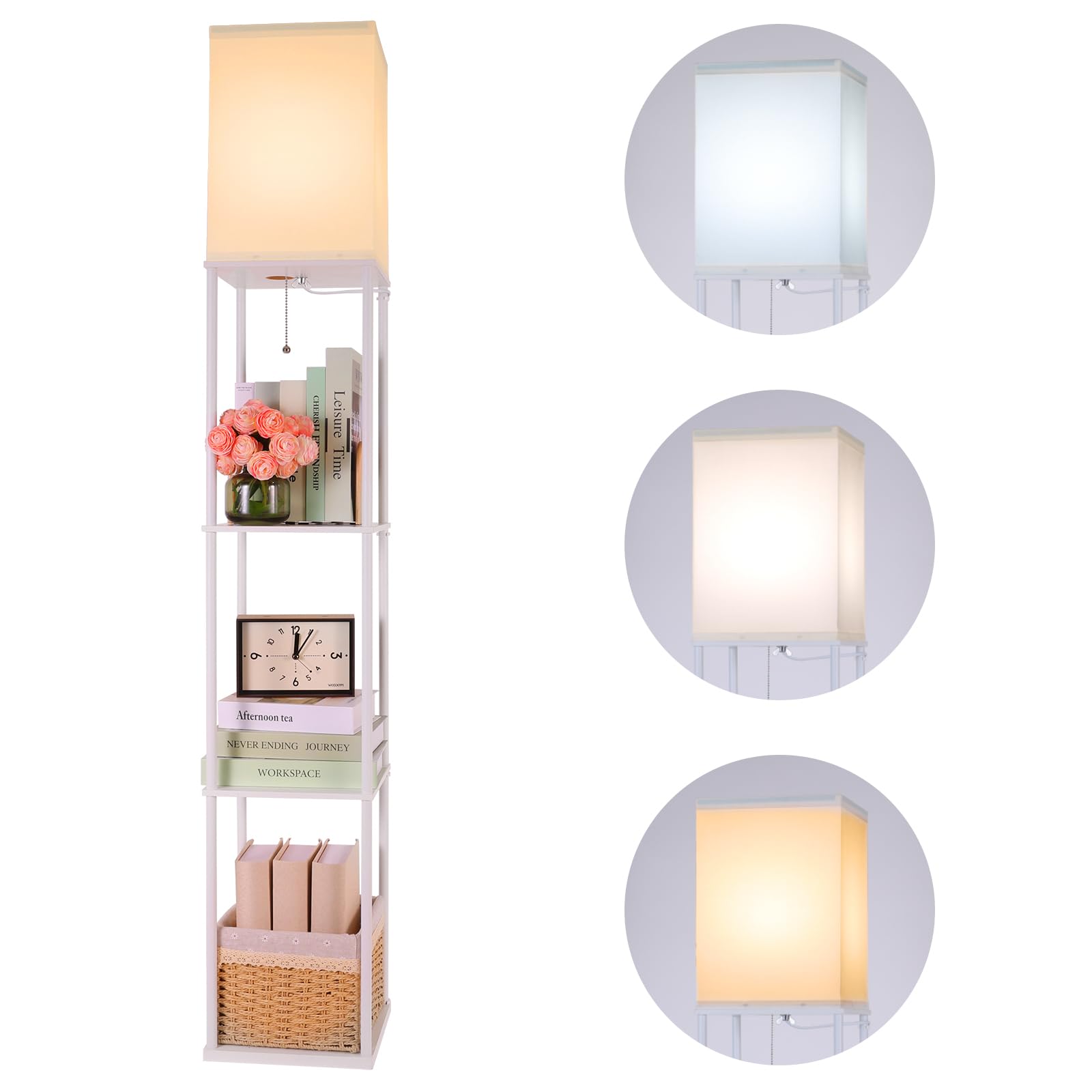 Gupuzm Floor Lamp with Shelves, Modern Wood Design, 3 Color Temperatures, Model PFL-007, White
