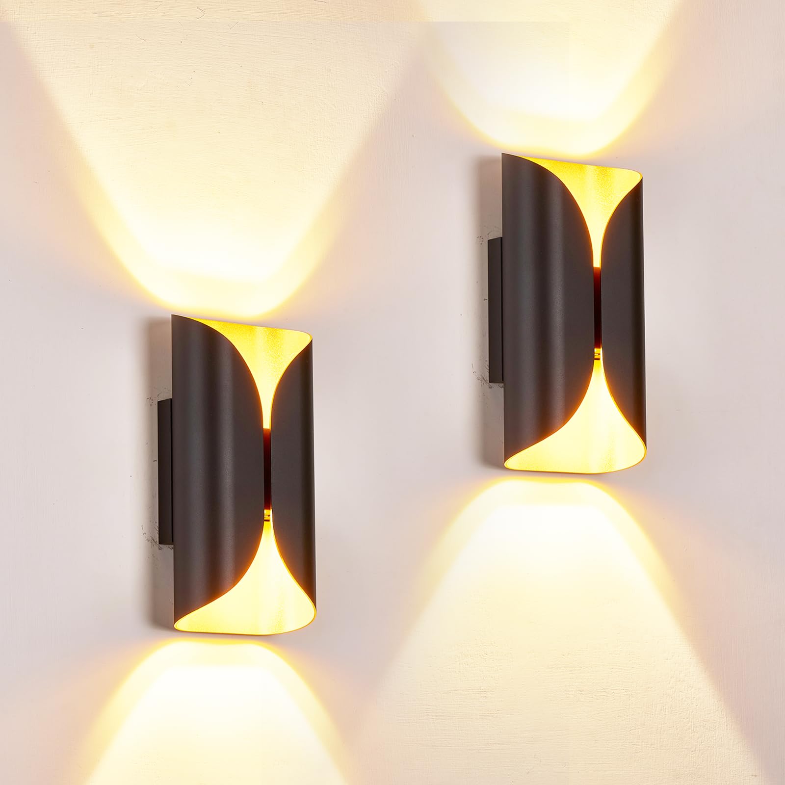 LUXLUCIO 2 Pack Black & Gold Aluminum LED Wall Sconces, IP65 Waterproof Indoor Outdoor Wall Lights, 1200LM 12W 120V CRI90+ 2700K