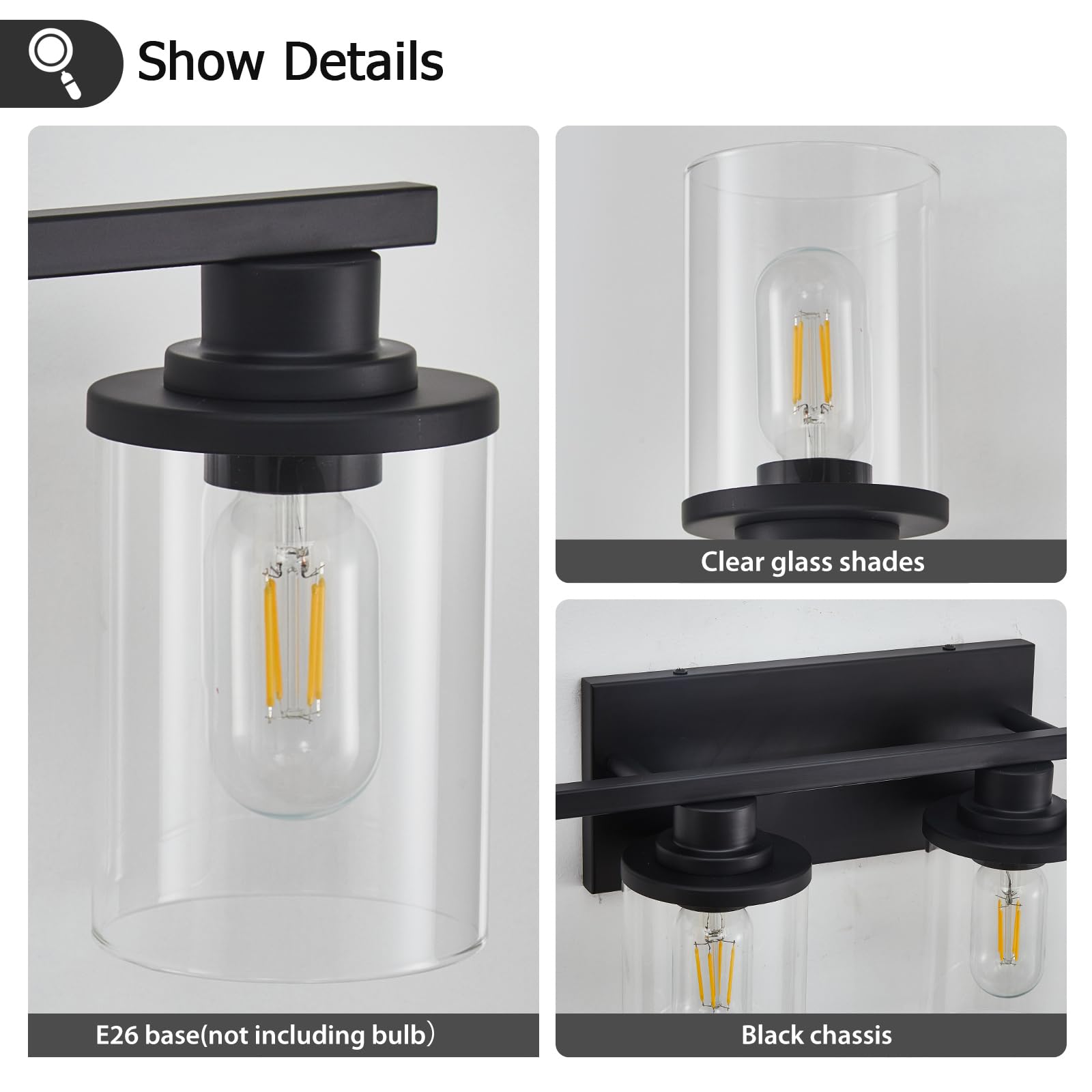 stambord Matte Black Bathroom Vanity Light, 6 Light Fixtures, Clear Glass & Metal Base, Model B70