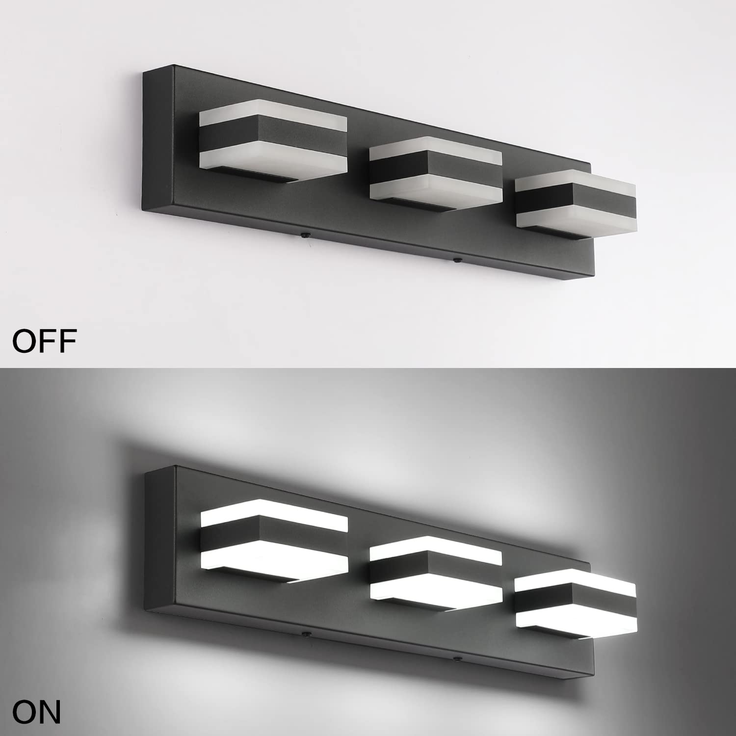 SOLFART Black Bathroom Vanity Light Fixture, LED Dimmable, 21.7" Aluminum, Modern 3-Light Over Mirror Lighting, Model S8568-3T-6000K