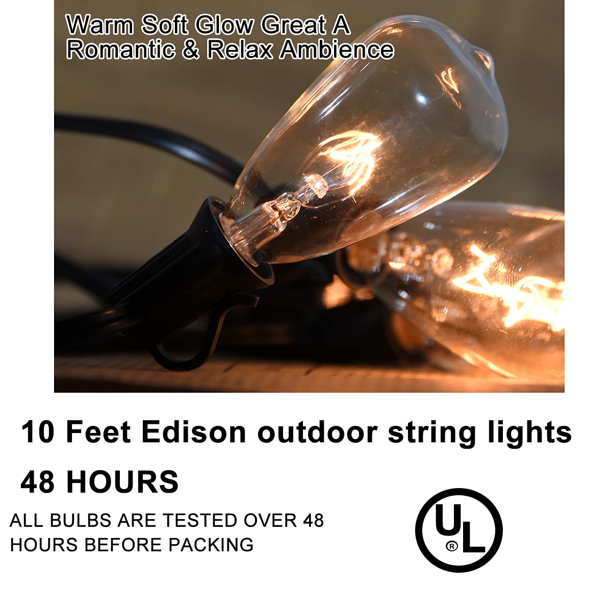 Abeja ST38 String Lights with 10 Vintage Bulbs, E12 Socket, UL Listed, 10Ft, Black