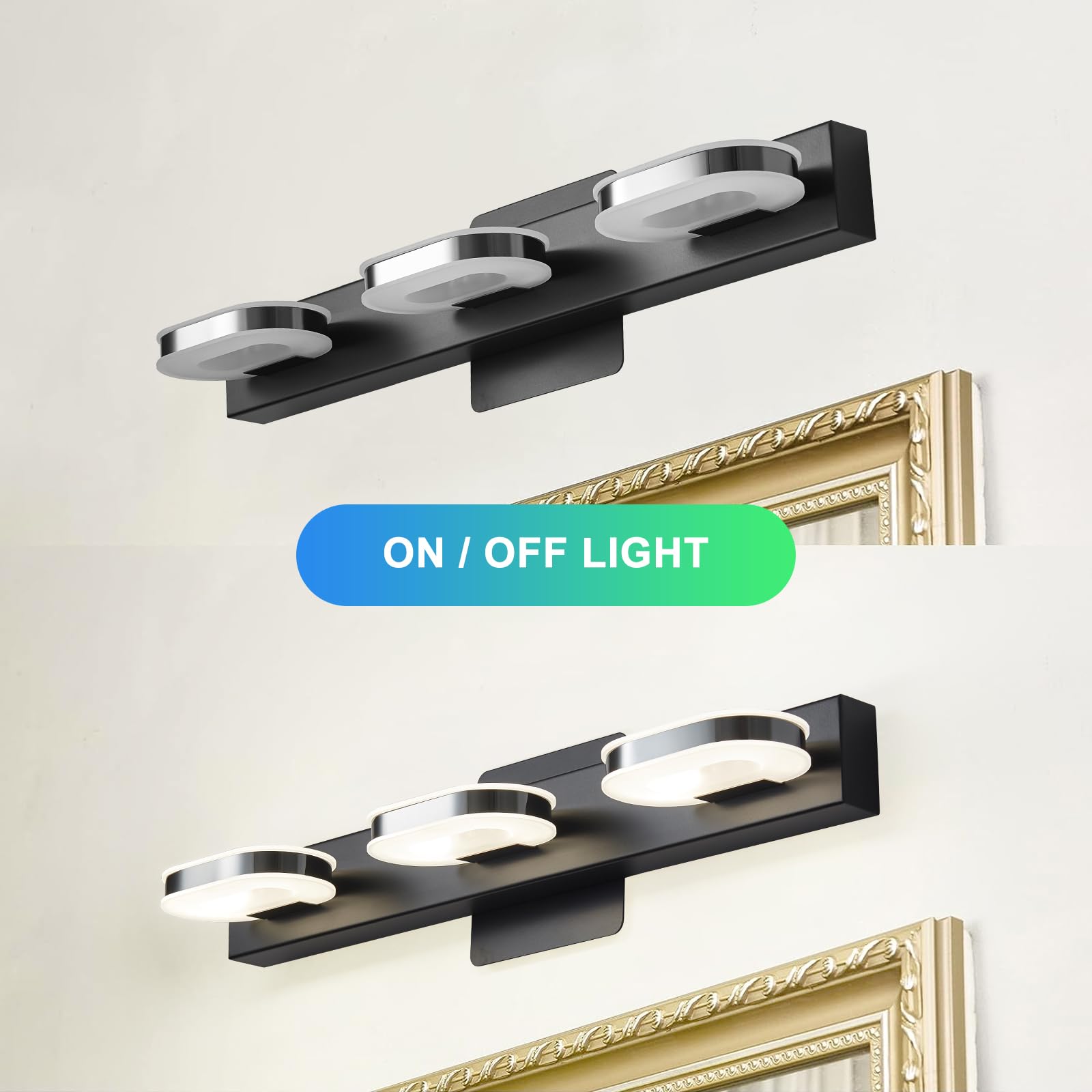 Myhaptim Modern LED Vanity Light Fixture, 3 Lights, Stainless Steel, 19 Inch, Black