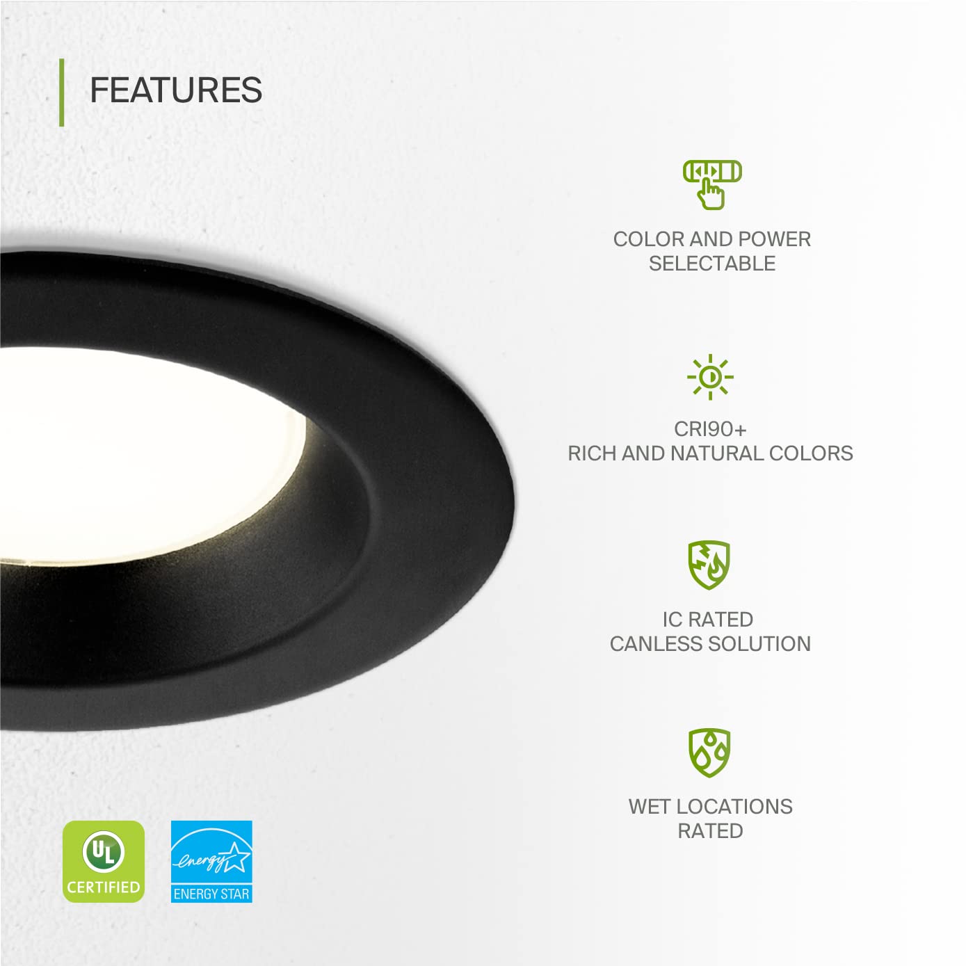 ASD 6 Inch Canless LED Downlight, 10/15/22W, Dimmable, 5 Color Temps, 120-277V, Aluminum, 8 Pack, Black