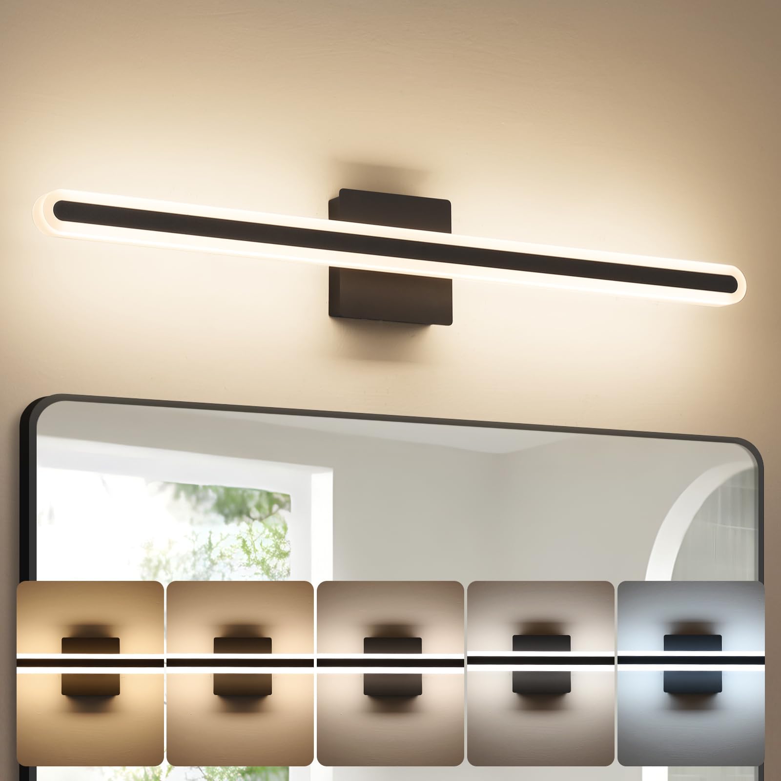 Joosenhouse Modern Black Vanity Lights For Bathroom  5Cct Dimmable Bathroom Led Light Bar  Above Mirror Vanity Lighting  31.5 Inch 24W
