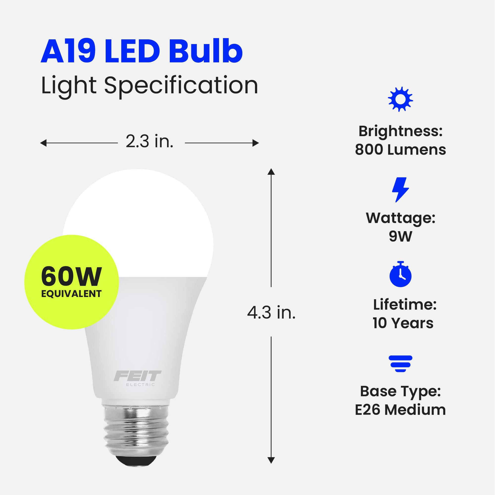 Feit Electric A19 Led Light Bulb, 60W Equivalent, Non Dimmable, 800 Lumens, E26 Medium Base, 5000K Daylight, Cri 90, 10 Year Lifetime, Ul Listed, Damp Rated, 10 Pack, Om60/950Ca10K/10