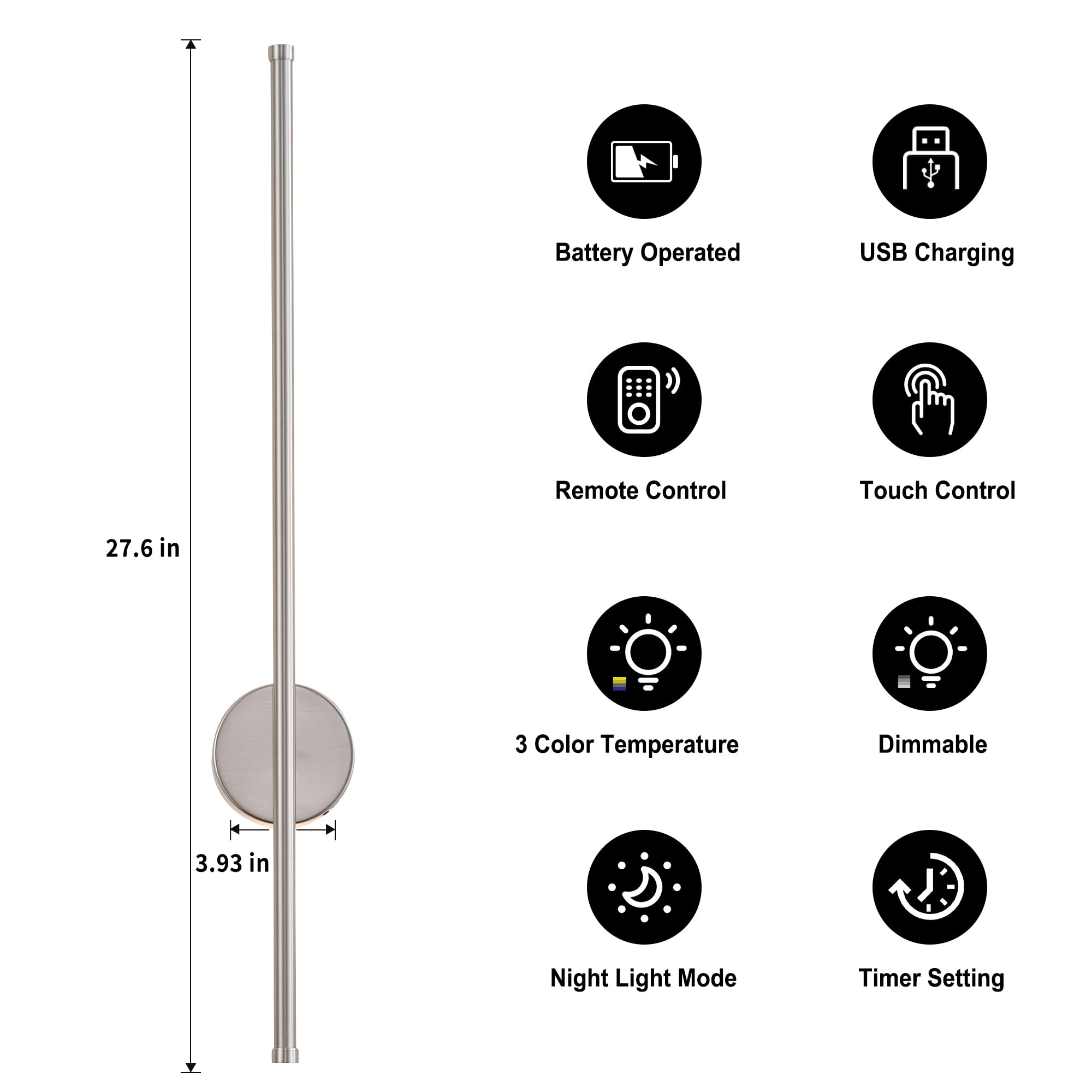 KARTOOSH Battery Operated Wall Sconces, Dimmable LED, Remote Control, 27.6 Inch, Nickel, Model ZM322B, Set of Two