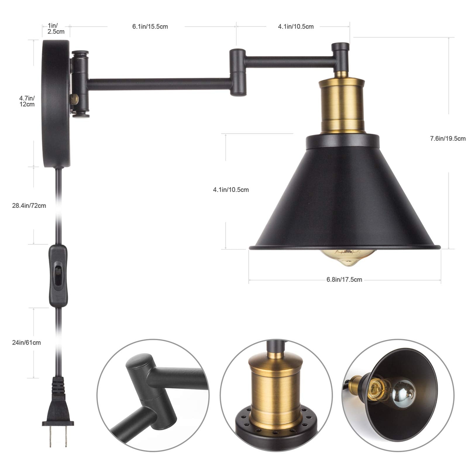 Arcomead Vintage Black Swing Arm Wall Lamp Sconce 2-Pack For Kitchen, Hallway, Café