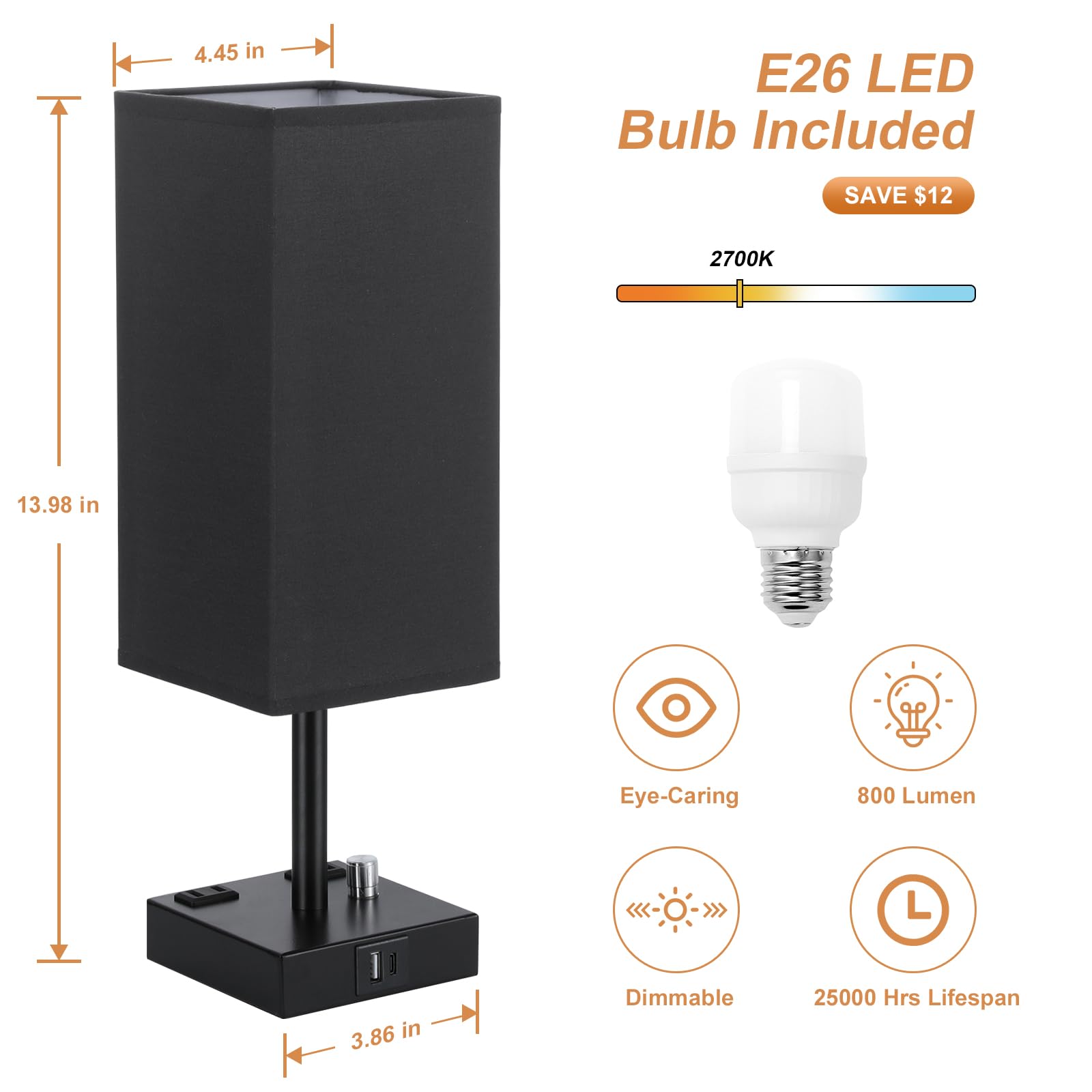 Black Fully Dimmable Nightstand Lamps Set Of 2 - Table Bedside Lamp With Usb C+A Charging Ports & 2 Ac Outlets, Square Lamp Sets
