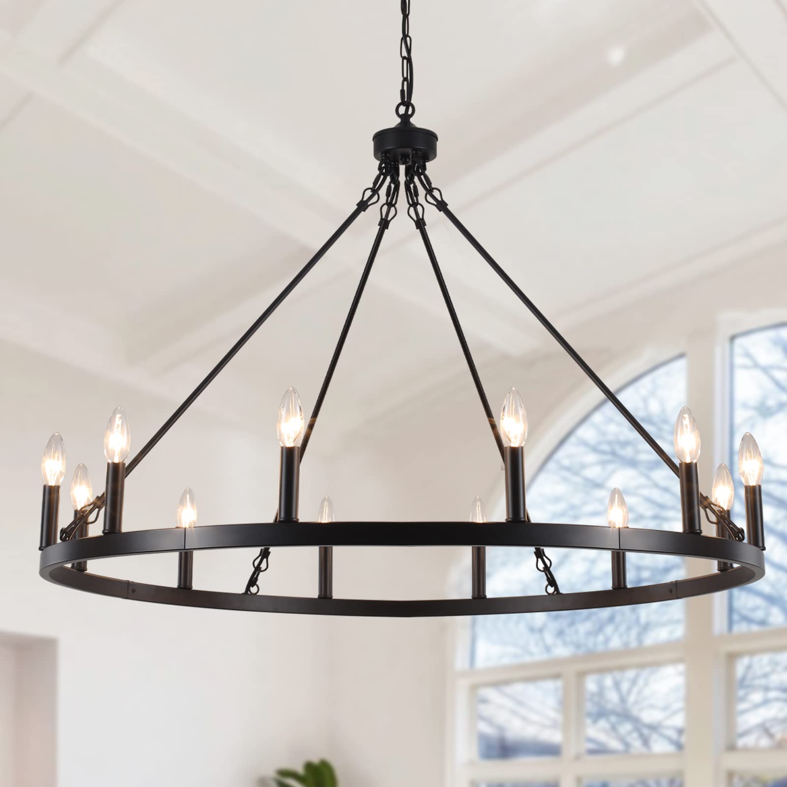 Zjvaive Black Wagon Wheel Chandelier 12-Light Farmhouse Chandelier For Living Room 38'' Round Rustic Industrial Hanging Light Fi