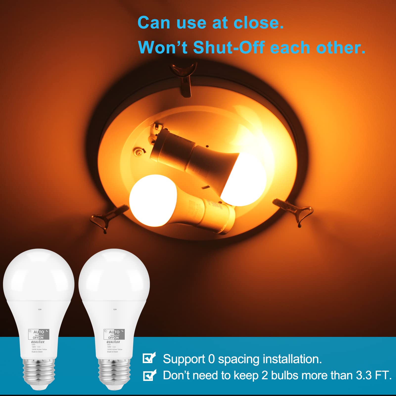 Qualilux Dusk To Dawn Amber Yellow Bug Light Bulbs, 800 Lumen, Led 12W, A19 E26