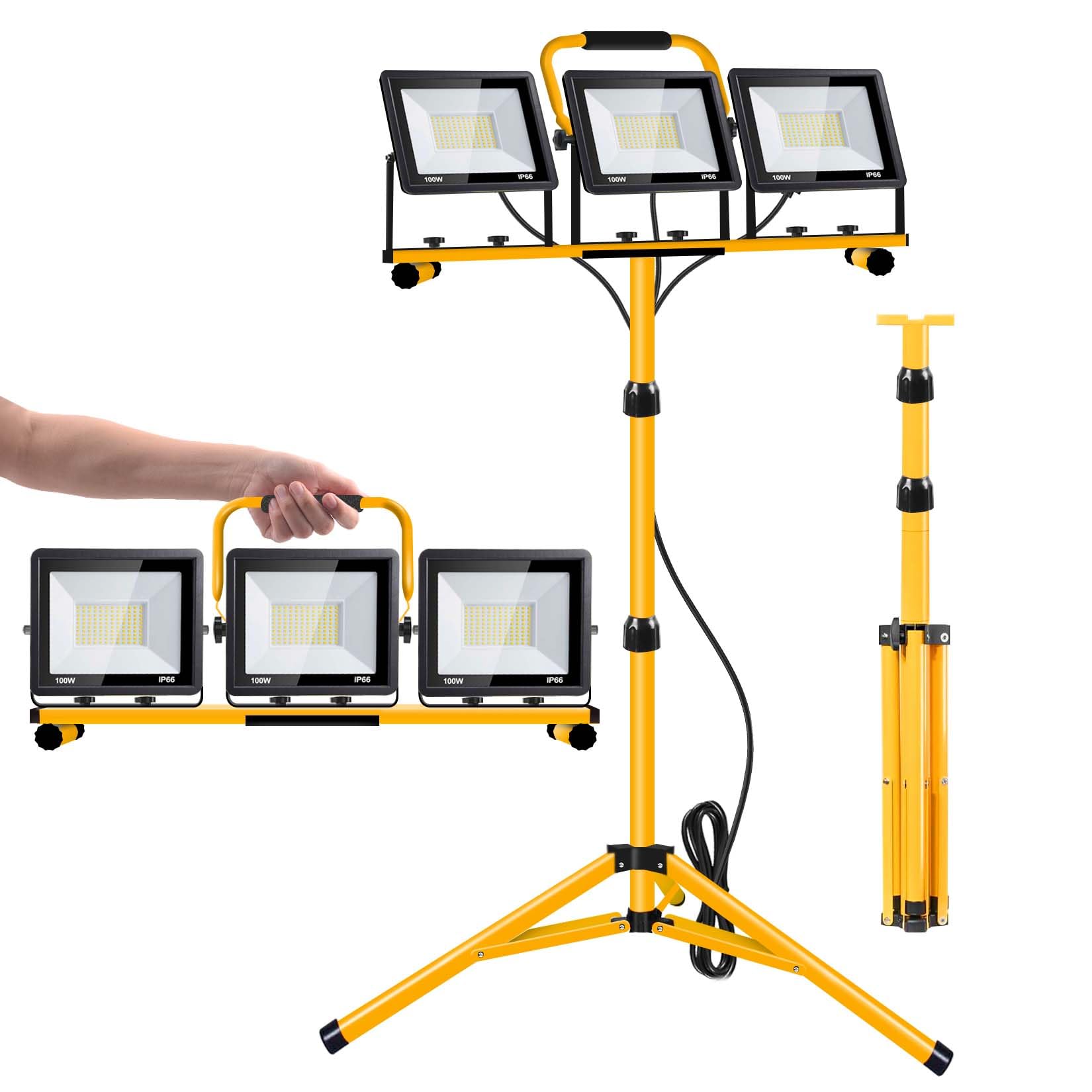 21000 Lumen Work Lights With Stand, 3 Adjustable Head Led Work Light, With Adjustable And Foldable Tripod Stand, Waterproof Lamp With Individual Switch With 6500 Kelvin Color Temperature (Yellow-3)