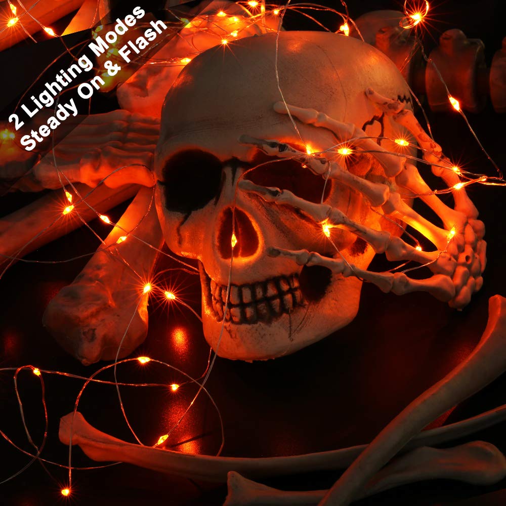 BrizLabs Orange Halloween Lights, 60 LED Fairy Lights, 19.47ft, Battery Operated, Indoor, Silver Wire, 2 Pack