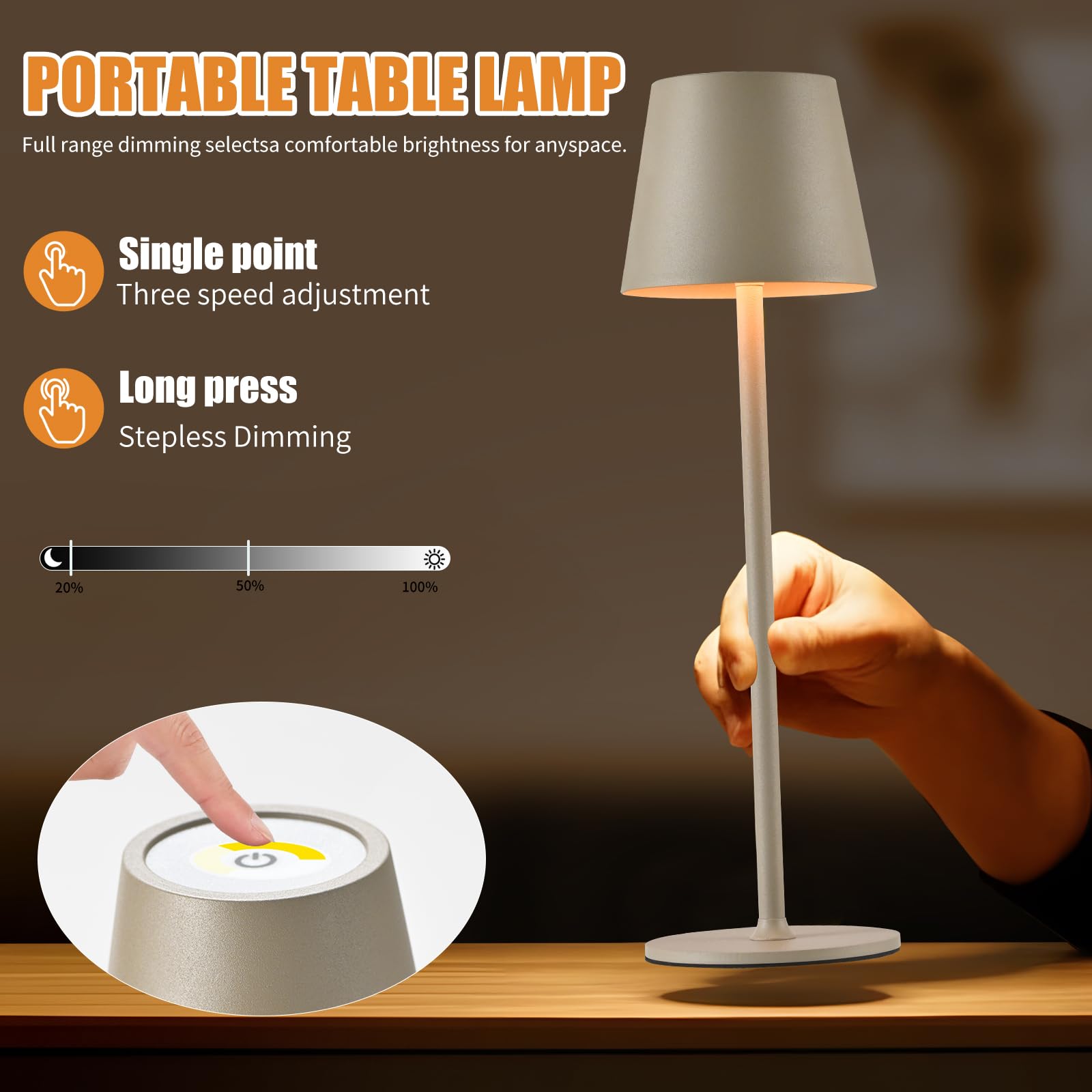Zoeger Cordless Table Lamp, Portable LED Desk Light, 6000mAh Battery, 3 Color Dimming, Beige, Model DD2Beige