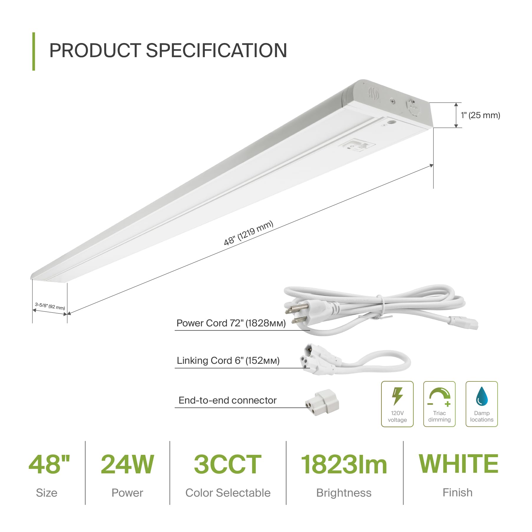 Asd Led Under Cabinet Lighting, 48 Inch, Dimmable, Hardwired/Plug-In, 2700K/3000K/4000K, Aluminum Housing, Model A-Ucs