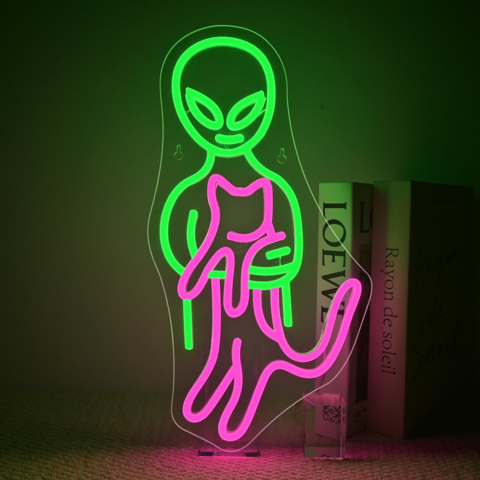 ineonlife Alien Cat Neon Sign LED Light Wall Art Decor 16.4in  x 8.7in  Acrylic Green Pink for Game Room Bedroom Gifts