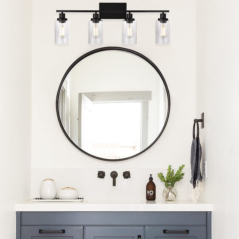Winshen Black 4-Light Bathroom Light Fixtures With Seeded Glass Shade, 31-Inches Length Farmhouse Vanity Lights Over Mirror For
