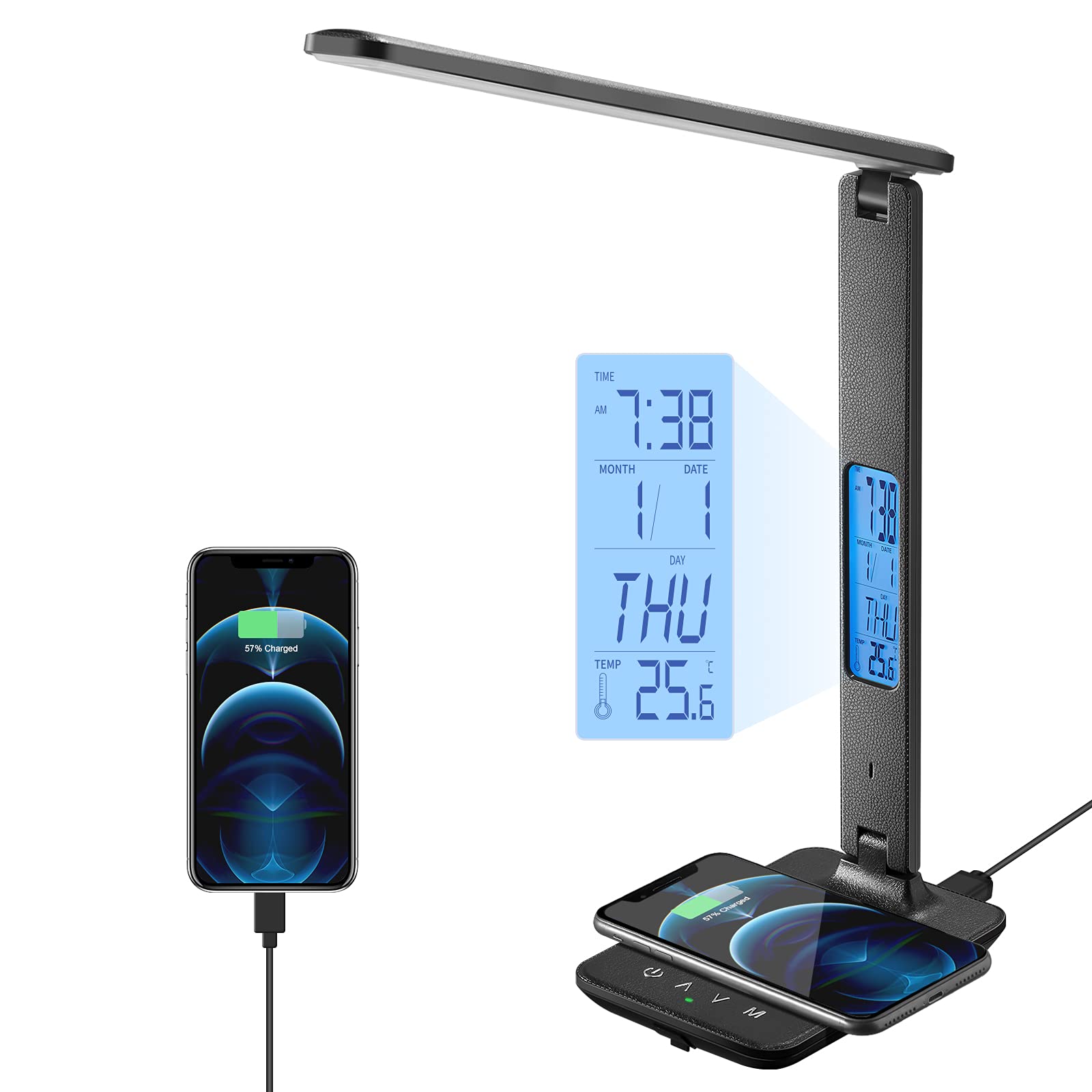 Poukaran Led Desk Lamp With Wireless Charger, Usb Charging Port, Table Lamp With Clock, Alarm, Date, Temperature, Desk Lamps For