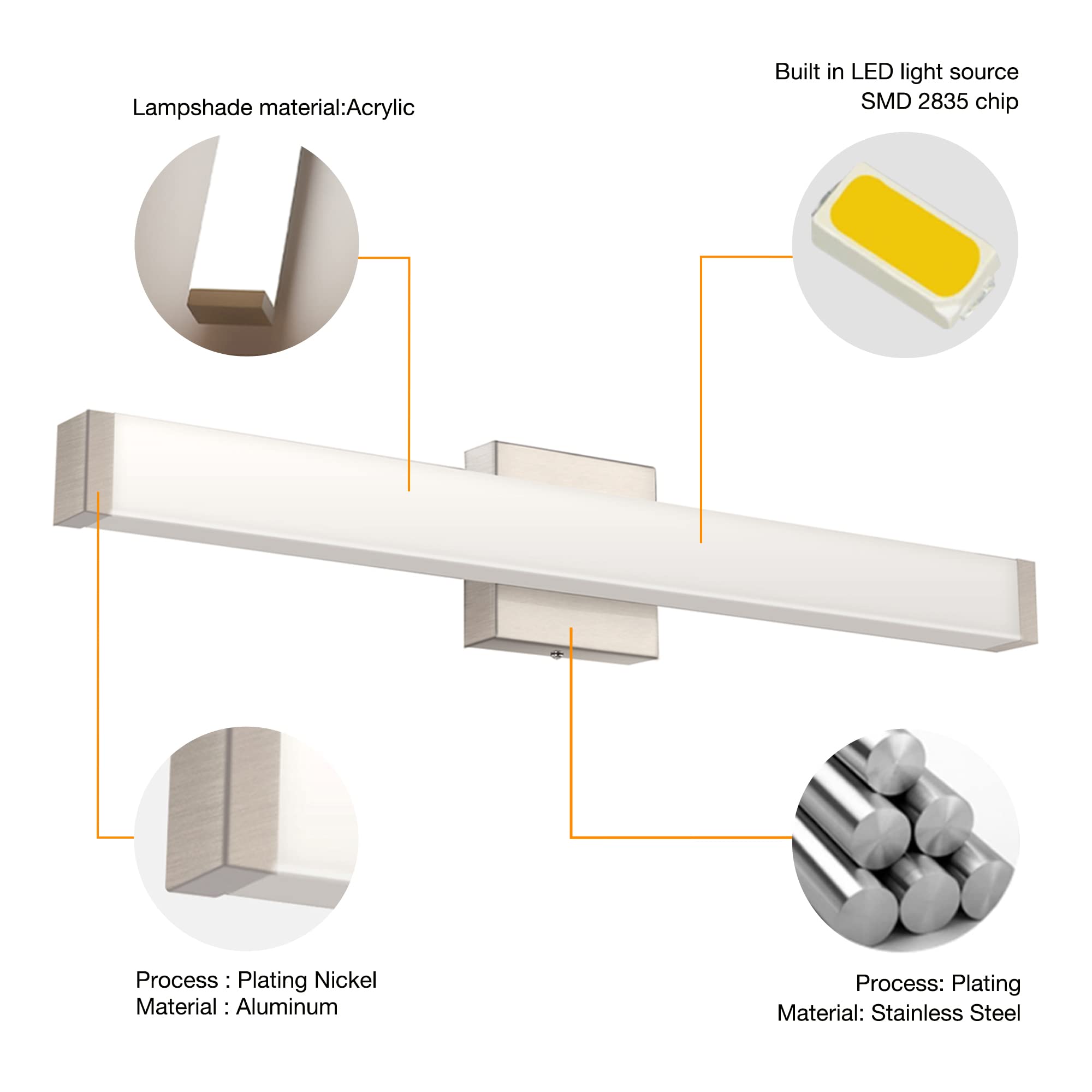 Yhtlaeh 24" Brushed Nickel Led Bathroom Vanity Light, Dimmable 14W, Natural White