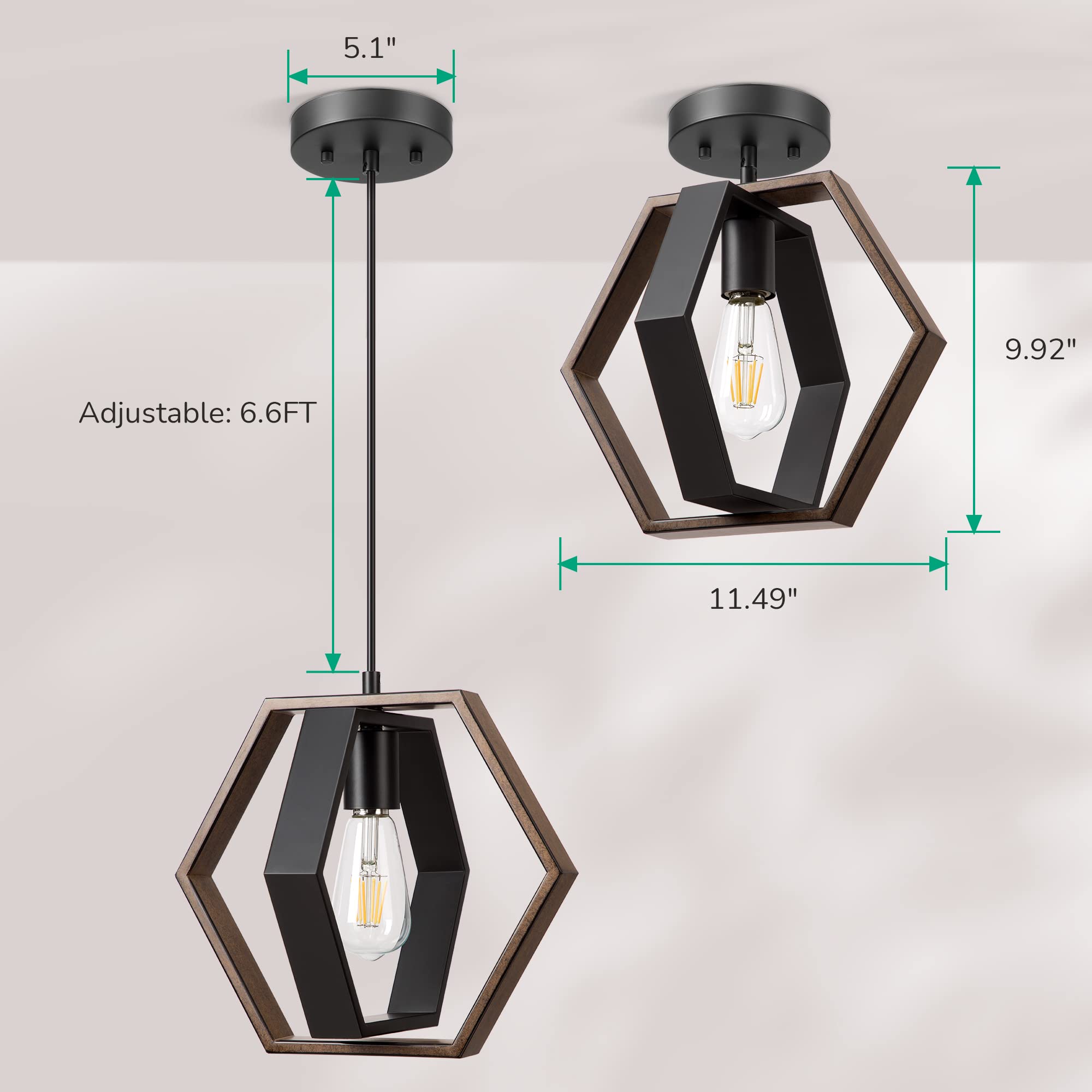 EDISHINE Pendant Lights for Kitchen Island, Farmhouse Hanging Light Fixture with Wood Grain and Black Finish, Adjustable Height
