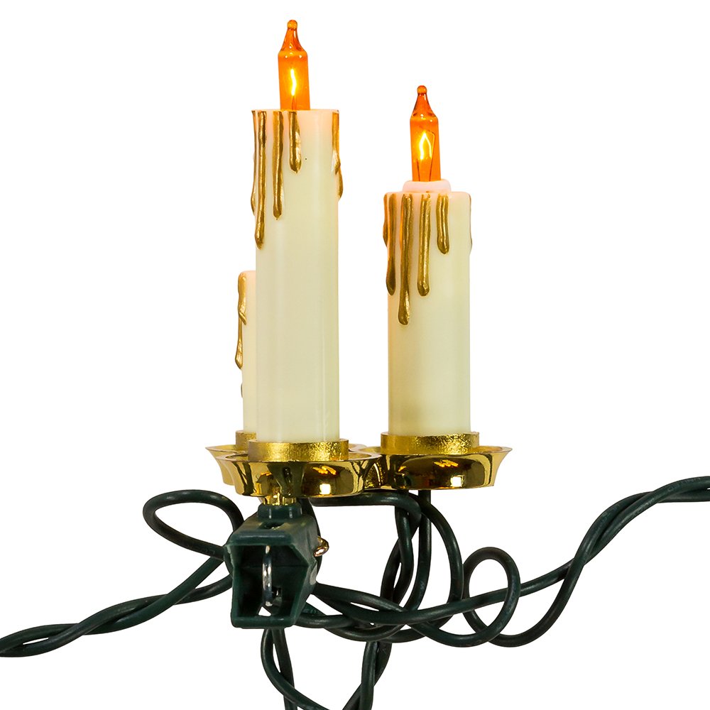 Kurt S. Adler 15-Light Triple Candle Light Set, 11.5ft, Ivory Candle Shaft, White/Gold, Model UL1681, Plastic Material