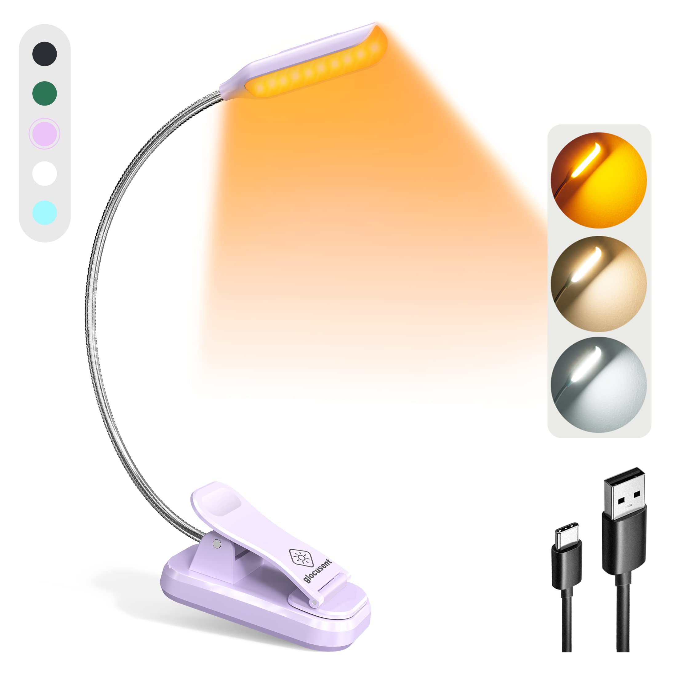 Glocusent Willow Book Light For Reading In Bed, 10Led Bright Reading Light, 3 Colors & 3 Brightness, Rechargeable ,Lasts For 80Hr, Lightweight Clip On Book Light, Perfect For Book Lovers