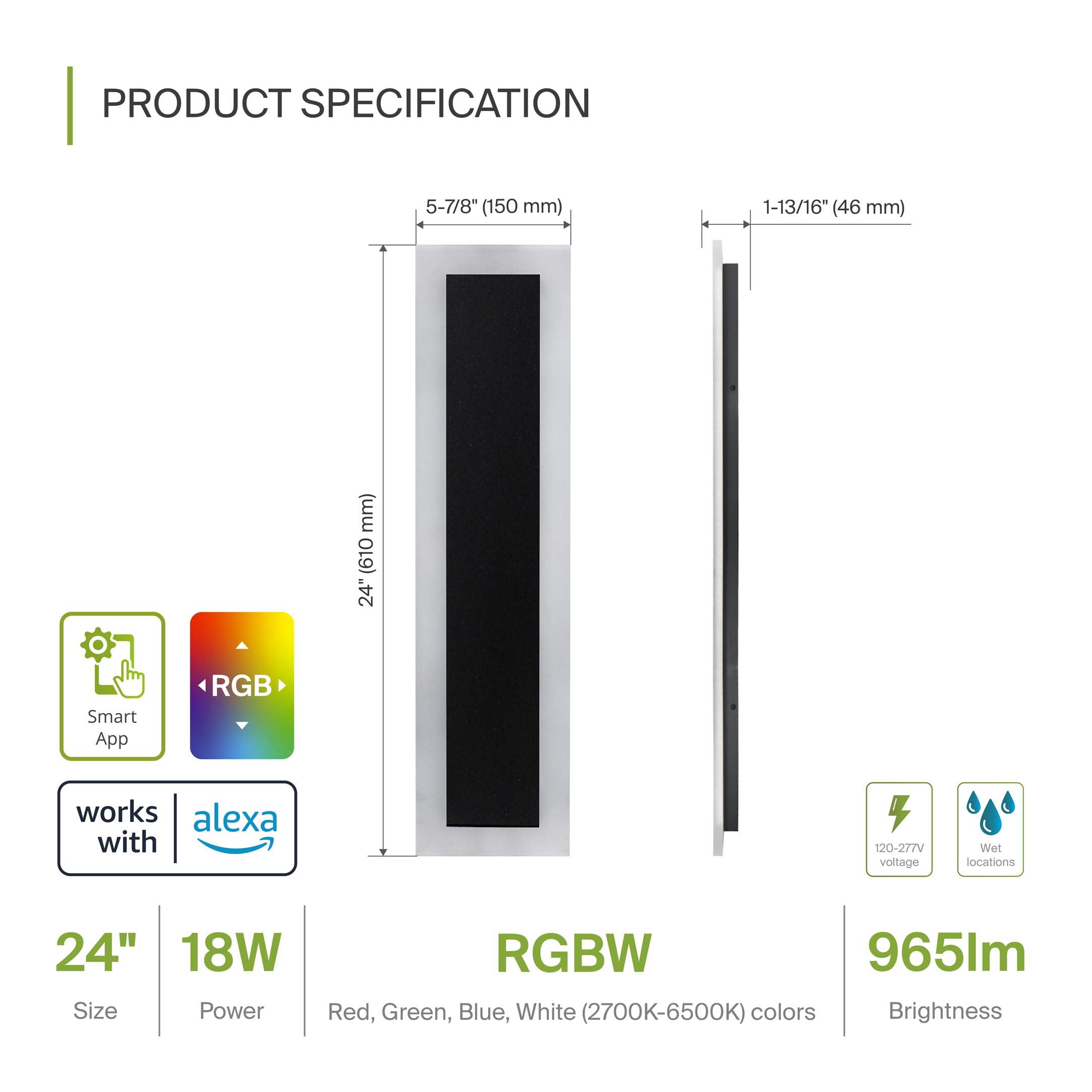ASD LED Wall Mount Light Fixture, RGBW, 24 Inch, Waterproof, Black, 2 Pack, Model A-LWS27A-24DSMRGB-2p