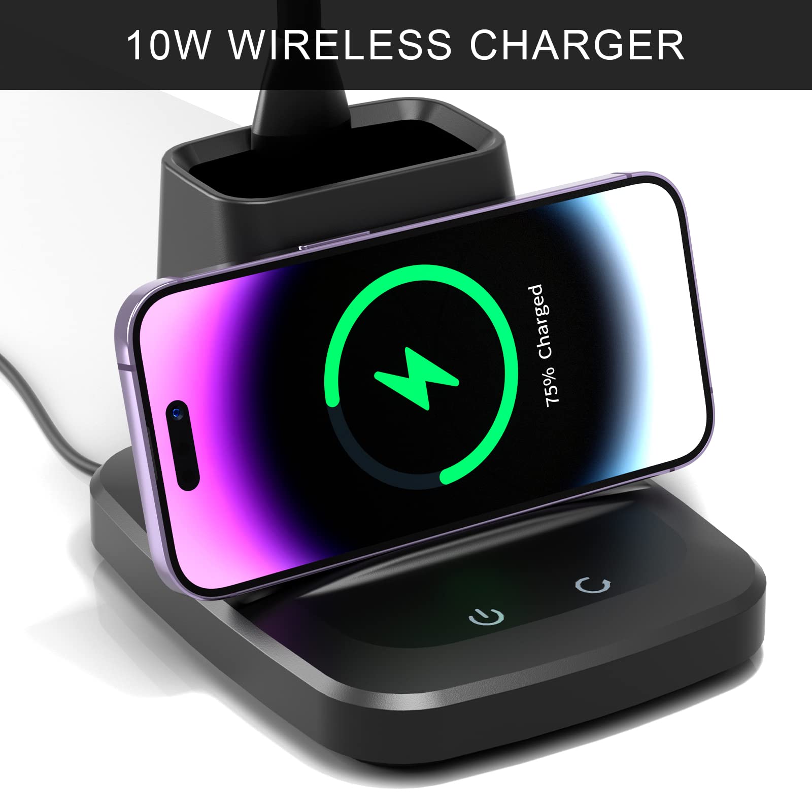 Vicsoon Desk Lamp For Home Office, Led Desk Lamp With Wireless Charger Pen Holder, Dimmable Desk Light With 3 Color Modes, Black