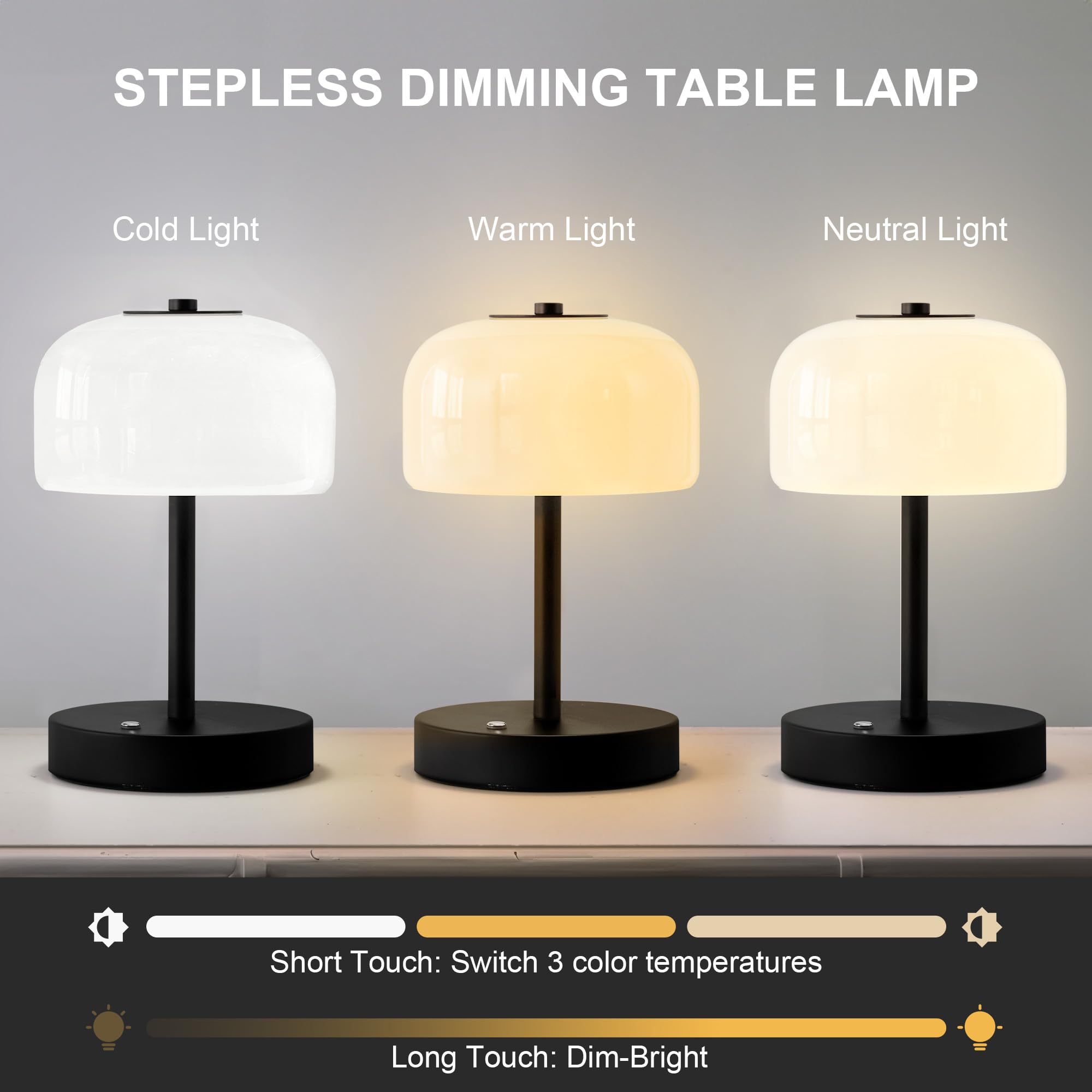 Oneach Portable Cordless Table Lamp, Rechargeable Battery Powered Lamp with Opal Glass Shade, 3-Way Dimmable LED Touch Mushroom