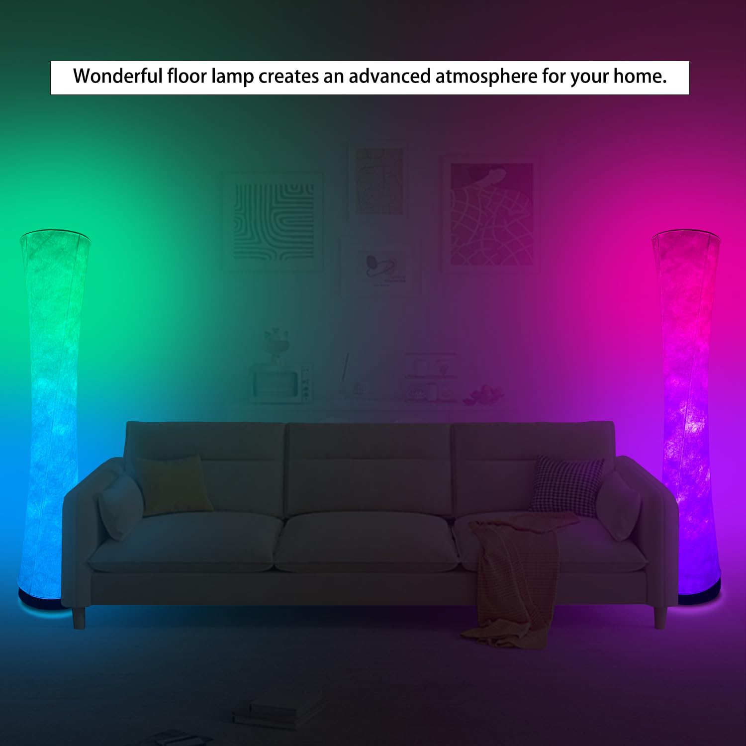 Glveaoui Floor Lamp, RGB Color Changing, Music Sync, APP Remote Control, 61in Standing Lamp, White, Polyester