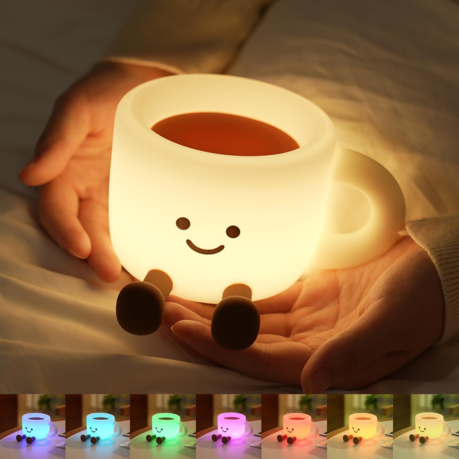 Night Light for Kids, 7-Color Coffee Cup Night Light, 3 Levels Dimmable Silicone Night Lamp, Bedside Nursery Lamp with Timer, LE